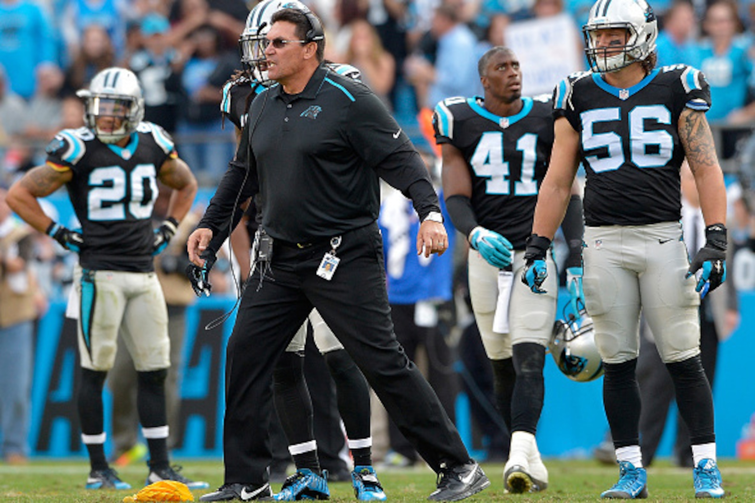 CHARLOTTE, NC - DECEMBER 13:  Head coach Ron Rivera of the Carolina Panthers yells for his team to get back to their sidelie after being call for unsportsmanlike conduct during their game against the Atlanta Falcons at Bank of America Stadium on December 