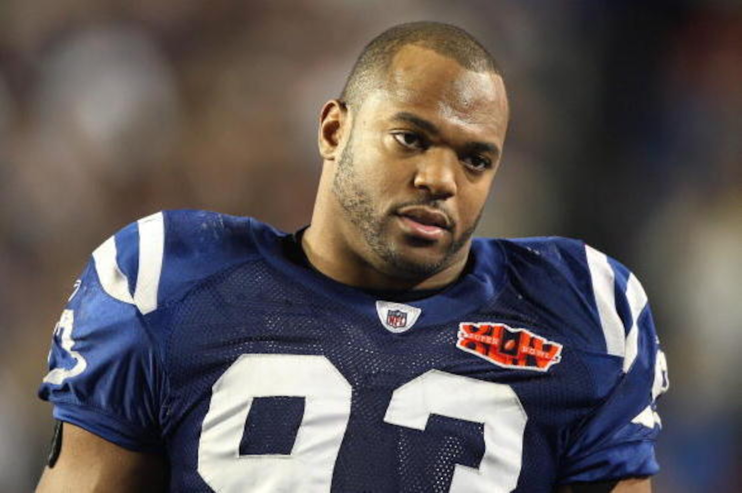 MIAMI GARDENS, FL - FEBRUARY 07: Dwight Freeney #93 of the Indianapolis Colts looks on after being defeated by the New Orleans Saints during Super Bowl XLIV on February 7, 2010 at Sun Life Stadium in Miami Gardens, Florida.  (Photo by Donald Miralle/Getty