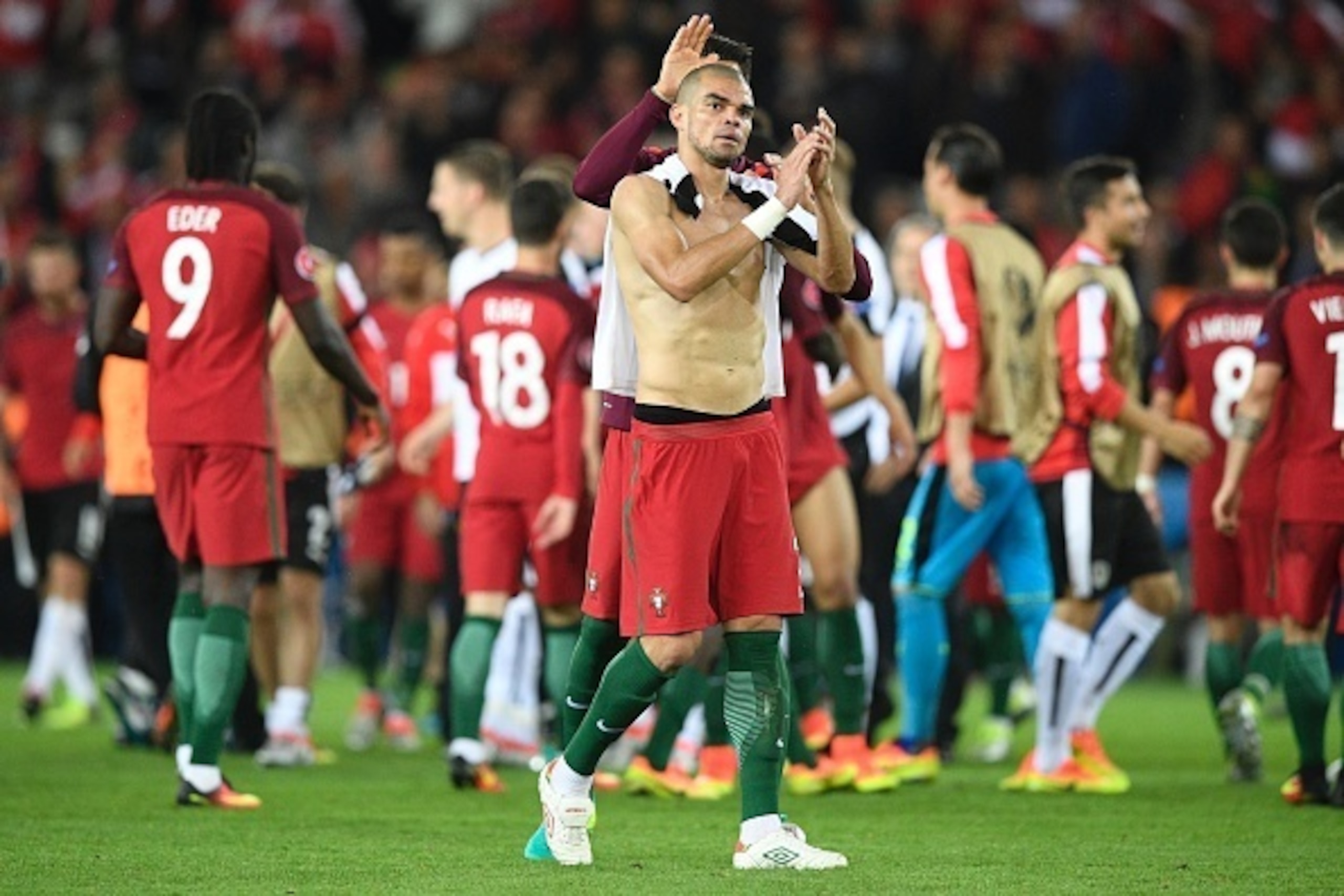 Portugal's defender Pepe reacts after the Euro 2016 group F football match between Portugal and Austria at the Parc des Princes in Paris on June 18, 2016. / AFP / MARTIN BUREAU        (Photo credit should read MARTIN BUREAU/AFP/Getty Images)