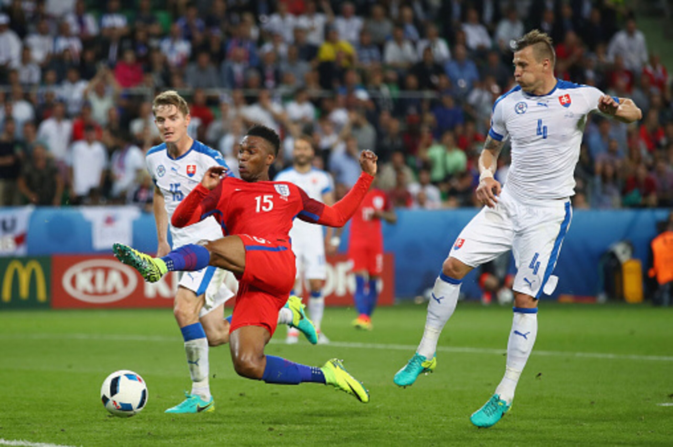 SAINT-ETIENNE, FRANCE - JUNE 20:  Daniel Sturridge of England attempts a shot at goal during the UEFA EURO 2016 Group B match between Slovakia and England at Stade Geoffroy-Guichard on June 20, 2016 in Saint-Etienne, France.  (Photo by Clive Brunskill/Get