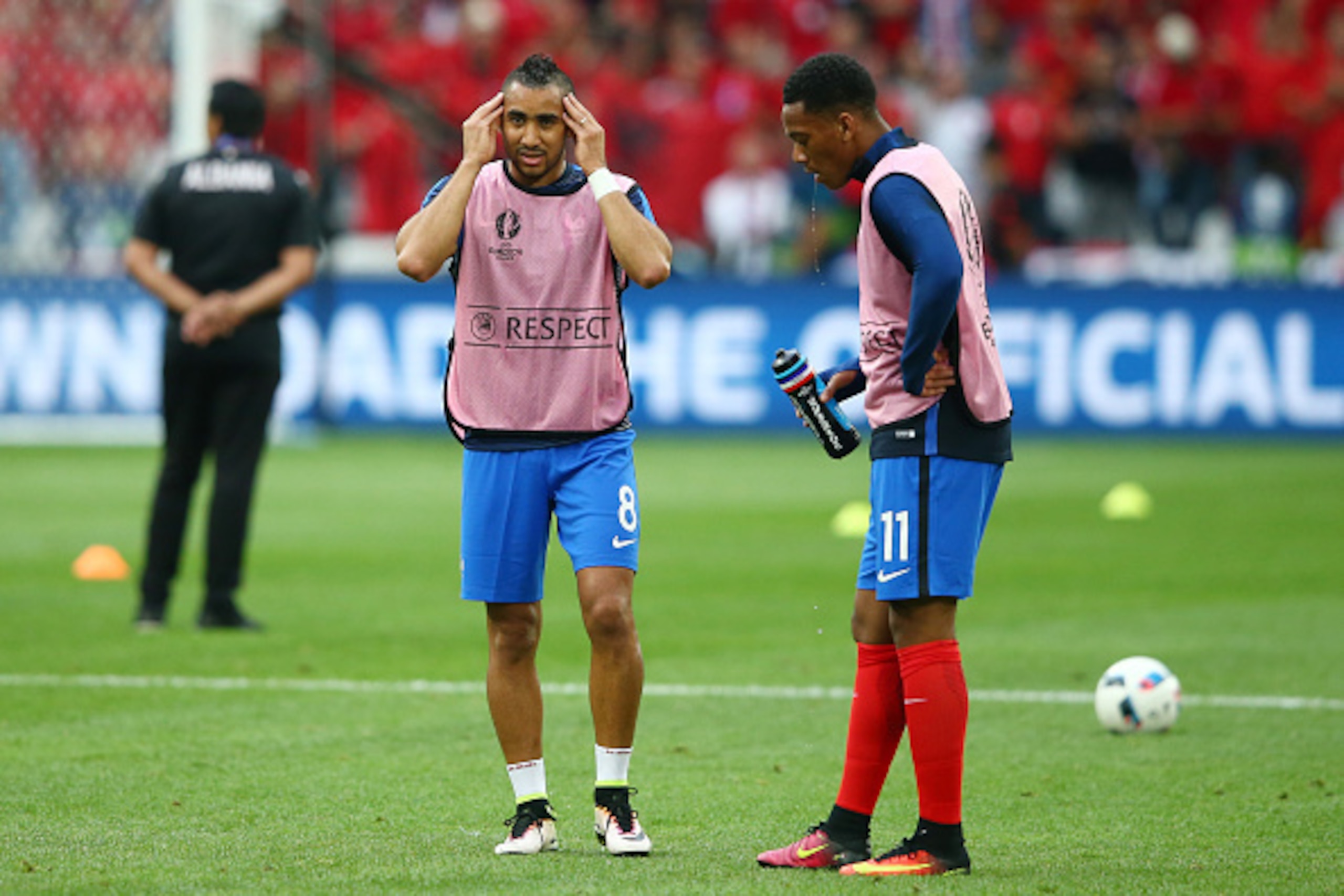 MARSEILLE, FRANCE - JUNE 15:  (L-R) Dimitri Payet and Anthony Martial of France warm up prior to kickoff during the UEFA EURO 2016 Group A match between France and Albania at Stade Velodrome on June 15, 2016 in Marseille, France.  (Photo by Alex Livesey/G