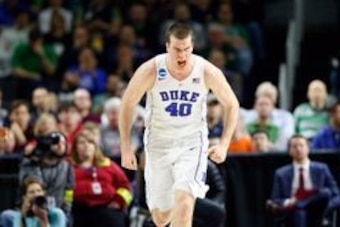 Mar 17, 2016; Providence, RI, USA; Duke University Blue Devils center Marshall Plumlee (40) reacts during the second half of a first round game against UNC Wilmington Seahawks during the 2016 NCAA Tournament at Dunkin Donuts Center. Mandatory Credit: Wins