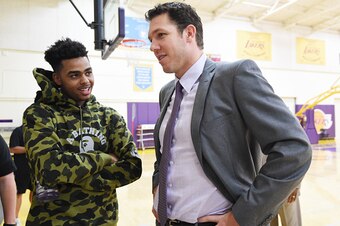 EL SEGUNDO, CA - JUNE 21: D'Angelo Russell #1 of the Los Angeles Lakers speaks with Luke Walton after being introduced as head coach of the Los Angeles Lakers on June 21, 2016 at Toyota Sports Center in El Segundo, California. NOTE TO USER: User expressly