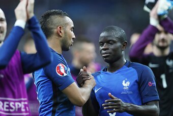 PARIS, FRANCE - JUNE 10:  Ngolo Kante of France congratulates Dimitri Payet of France during the UEFA EURO 2016 Group A match between France and Romania at Stade de France on June 10, 2016 in Paris, France. (Photo by Ian MacNicol/Getty Images)