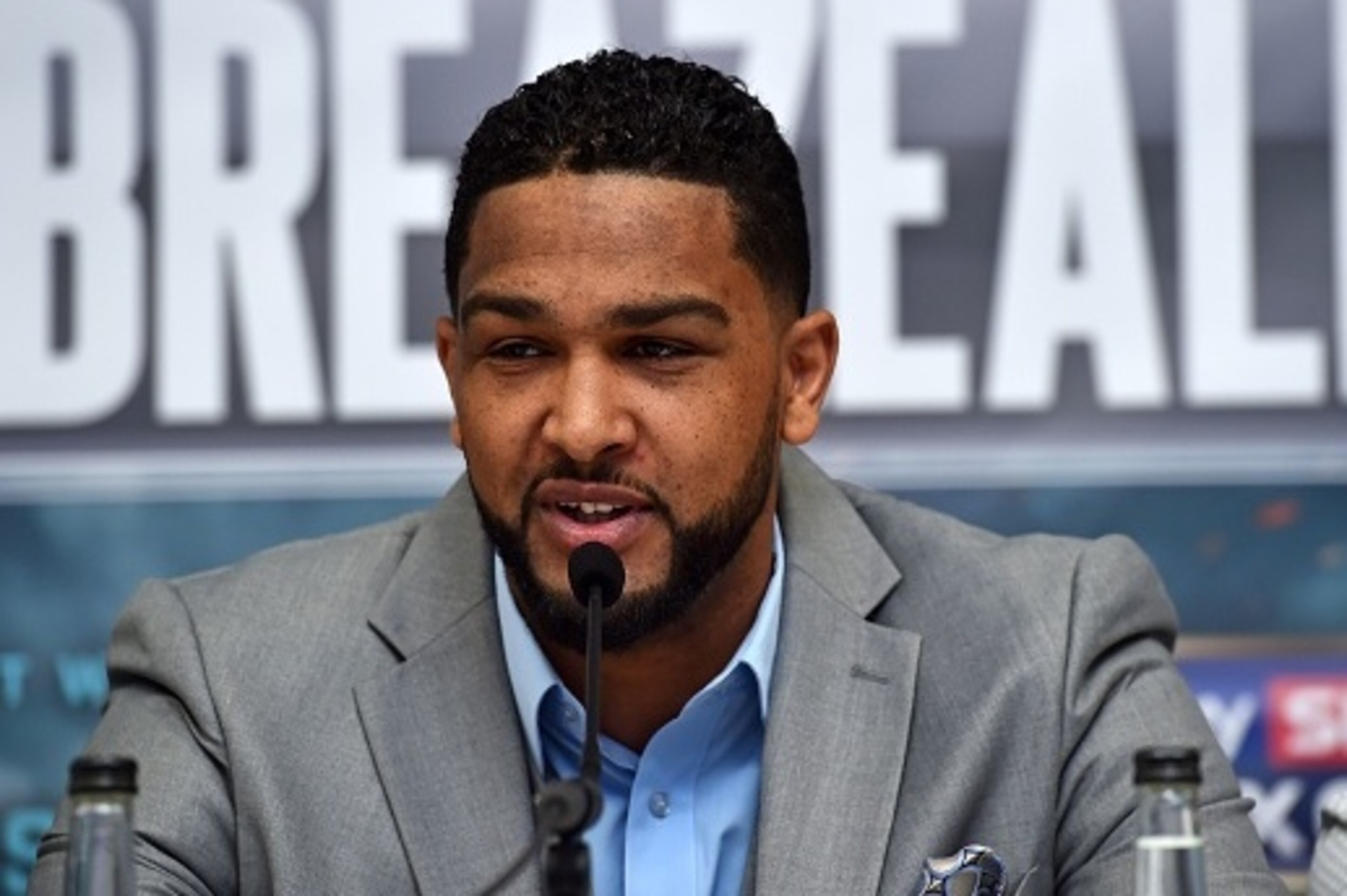 US boxer Dominic Breazeale attends a press conference for his forthcoming IBF World Heavyweight fight against British boxer Anthony Joshua (not pictured), in west London on May 4, 2016.
Joshua, makes the first defence of his IBF Heavyweight World Champion