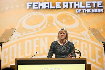 LOS ANGELES, CA - NOVEMBER 22:  Katie Ledecky receives the Female Athlete of the Year Award at the 2015 USA Swimming Golden Goggle Awards at J.W. Marriot at L.A. Live on November 22, 2015 in Los Angeles, California.  (Photo by Joe Scarnici/Getty Images)