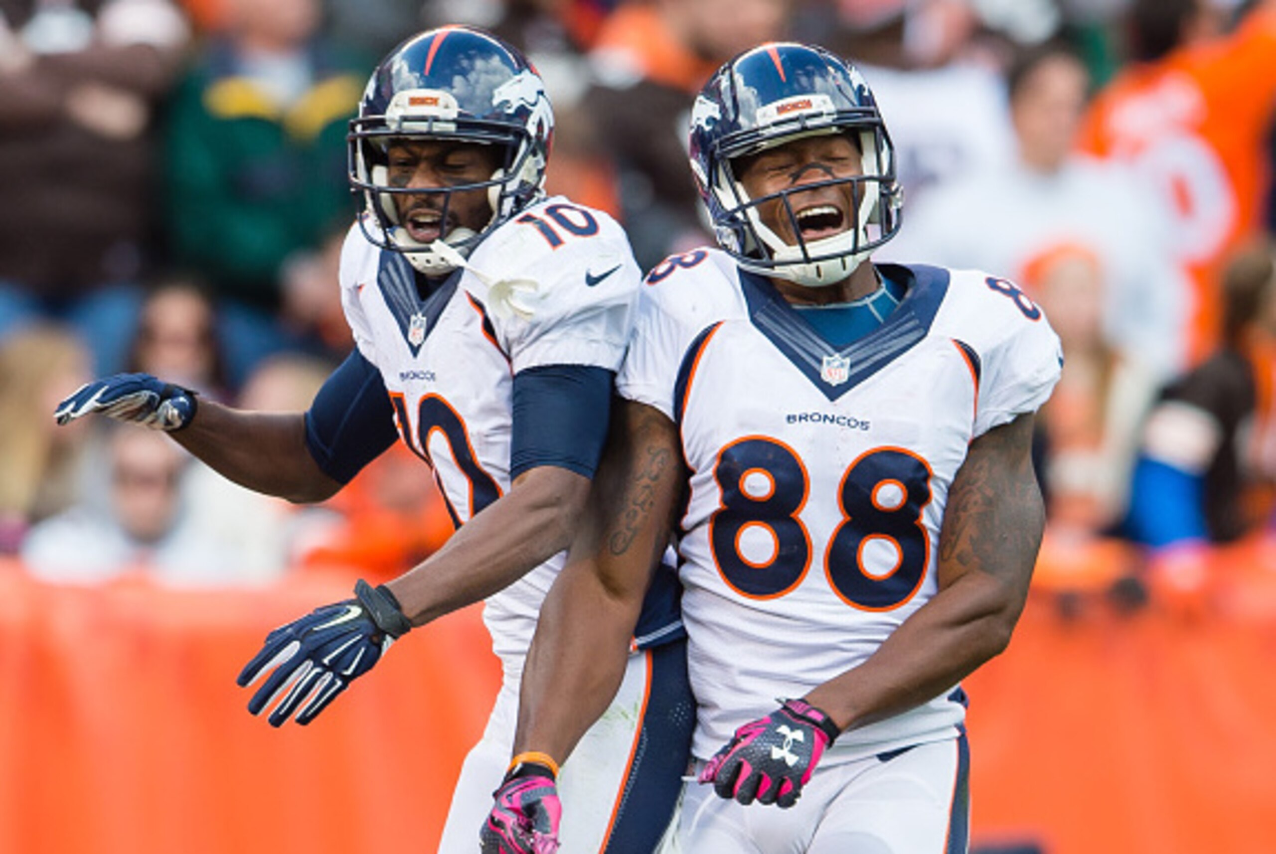 CLEVELAND, OH - OCTOBER 18: Wide receiver Emmanuel Sanders #10 celebrates with wide receiver Demaryius Thomas #88 of the Denver Broncos after Sanders scored during the second half against the Cleveland Browns at FirstEnergy Stadium on October 18, 2015 in CLEVELAND, OH - OCTOBER 18: Wide receiver Emmanuel Sanders #10 celebrates with wide receiver Demaryius Thomas #88 of the Denver Broncos after Sanders scored during the second half against the Cleveland Browns at FirstEnergy Stadium on October 18, 2015 in