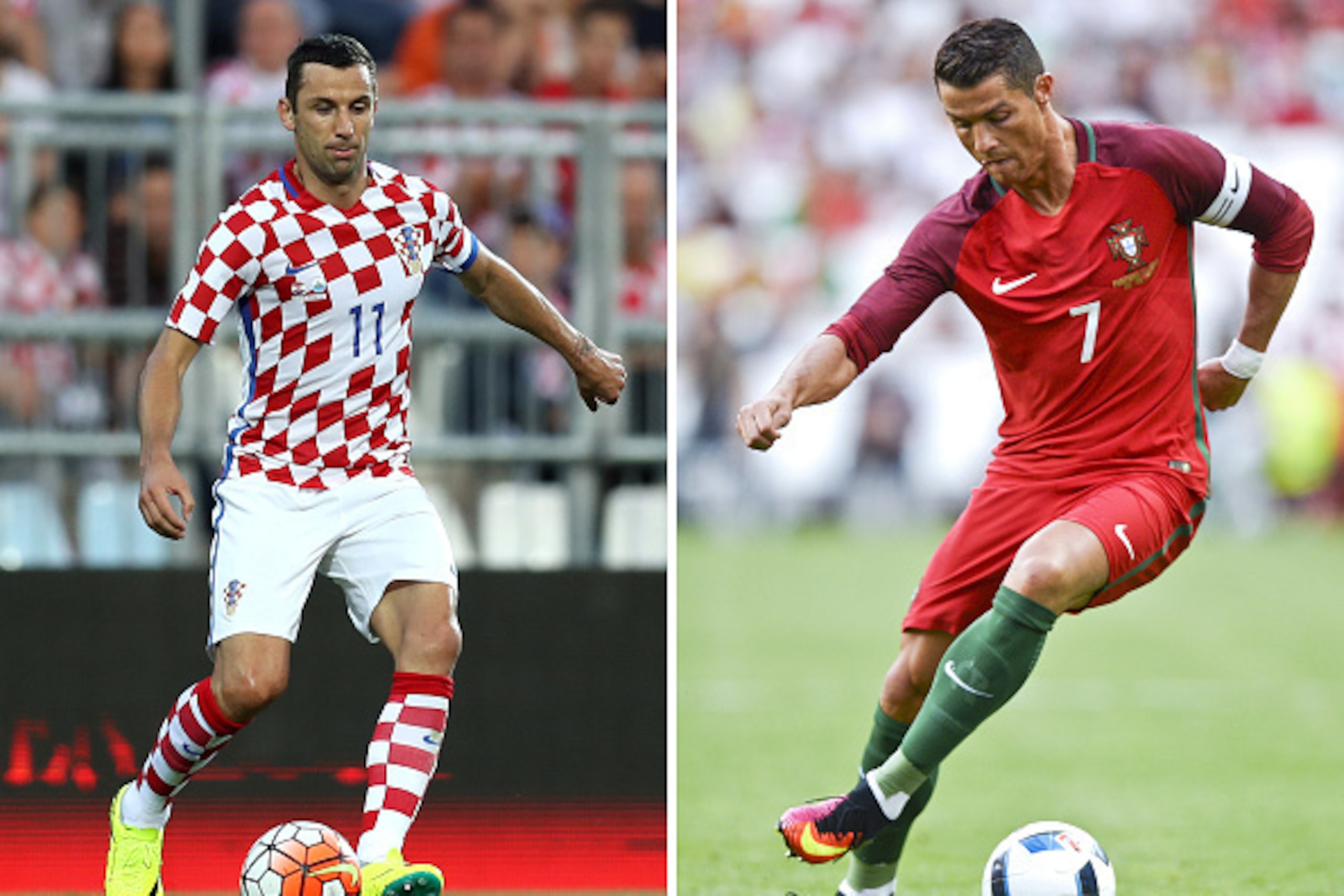 A combination of two file pictures shows Portugal's forward and captain Cristiano Ronaldo (R) in Lisbon on June 8, 2016 and Croatia's defender and captain Darijo Srna in Rijeka on June 4, 2016.
Croatia face Portugal in Lens on June 25, 2016 in the round o