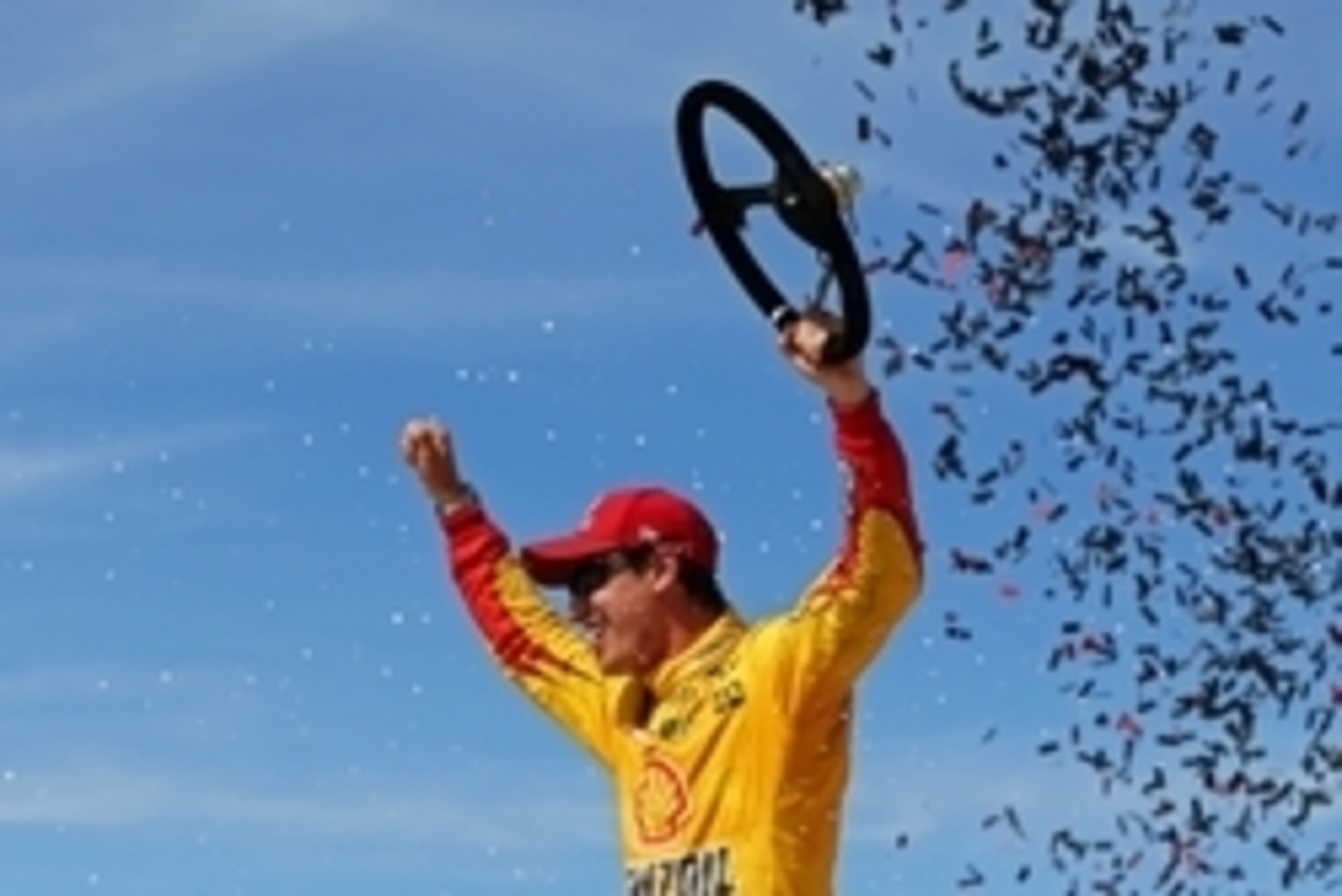 Jun 12, 2016; Brooklyn, MI, USA; Sprint Cup Series driver Joey Logano celebrates winning the FireKeepers Casino 400 at Michigan International Speedway. Mandatory Credit: Aaron Doster-USA TODAY Sports