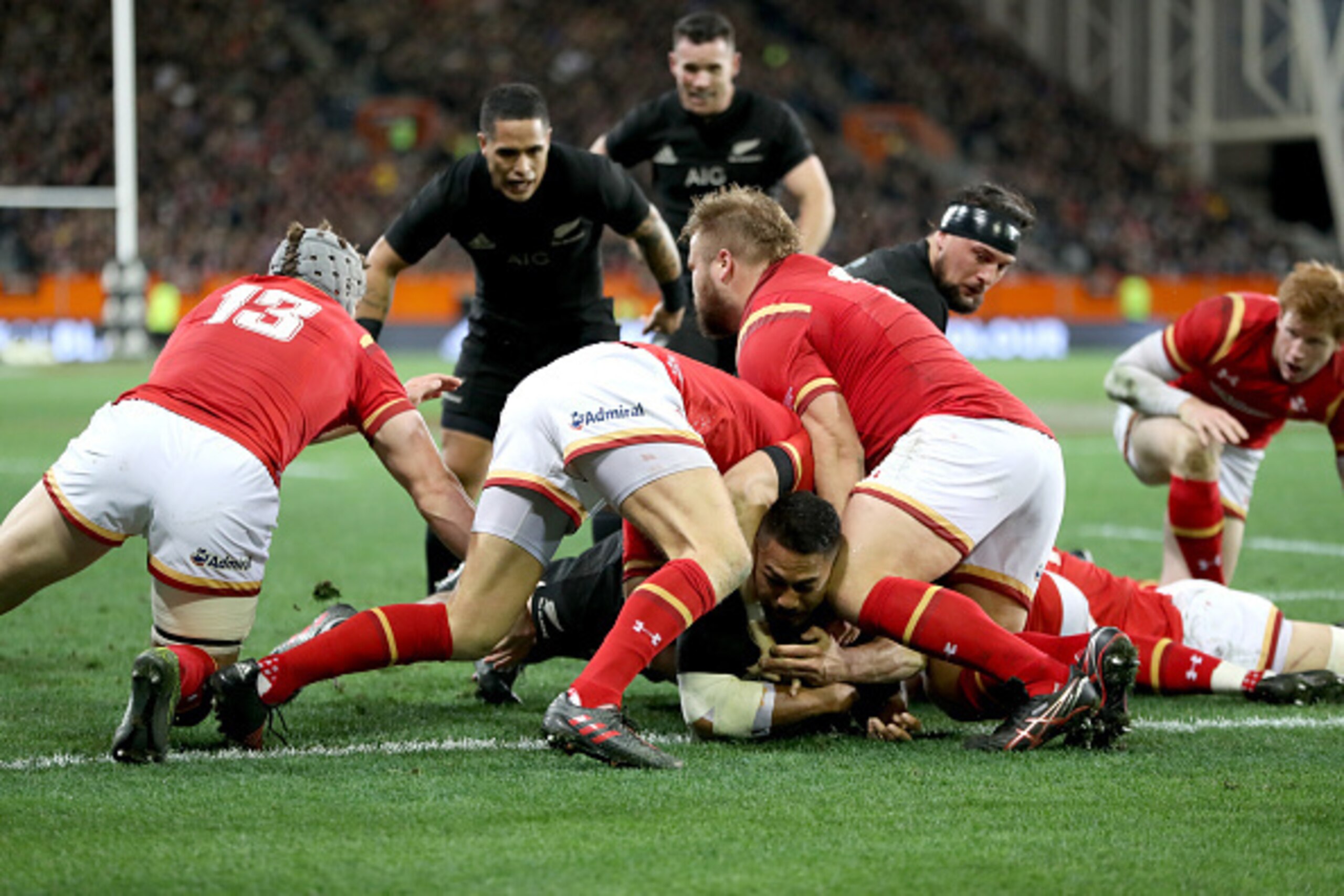 DUNEDIN, NEW ZEALAND - JUNE 25:  George Moala of the All Blacks scores a try during the International Test match between the New Zealand All Blacks and Wales at Forsyth Barr Stadium on June 25, 2016 in Dunedin, New Zealand.  (Photo by Phil Walter/Getty Im