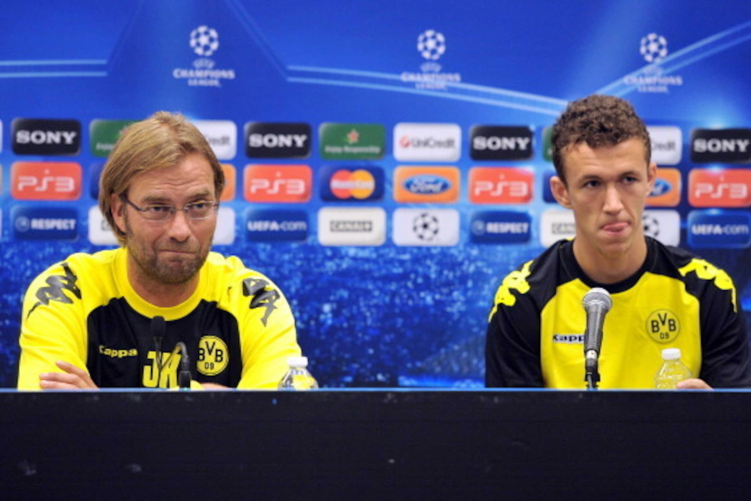Dormund's German head coach Jurgen Klopp gives a press conference Dortmund's Croatian midfielder Ivan Perisic (R) on September 27, 2011 at the Velodrome stadium in Marseille, southern France, on the eve of the UEFA Champions League football match Marseill