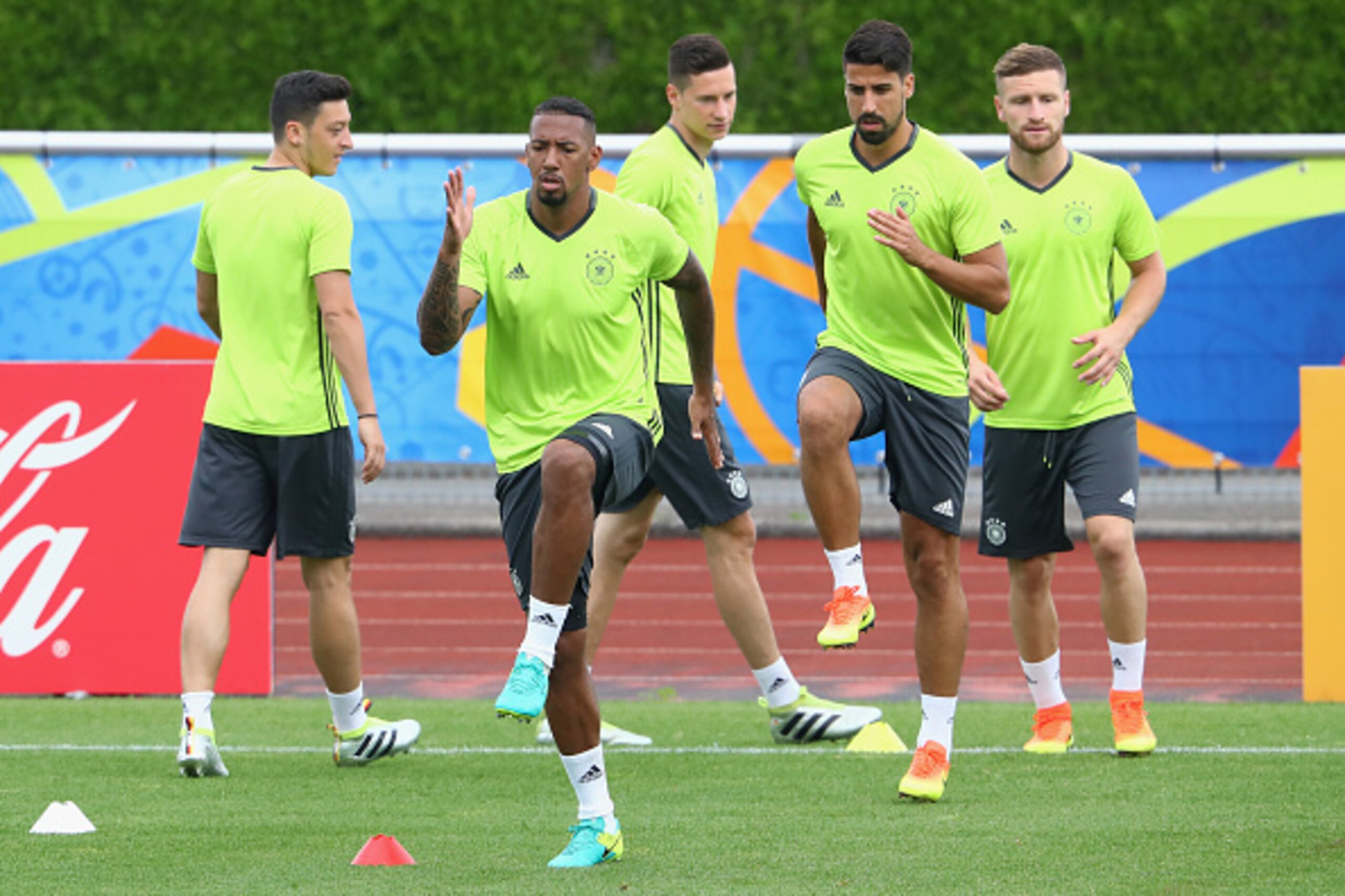 EVIAN-LES-BAINS, FRANCE - JUNE 25:  Jerome Boateng of Germany warms up for a Germany training session ahead of their Euro 2016 round of 16 match against Slovakia at Ermitage Evian on June 25, 2016 in Evian-les-Bains, France.  (Photo by Alexander Hassenste