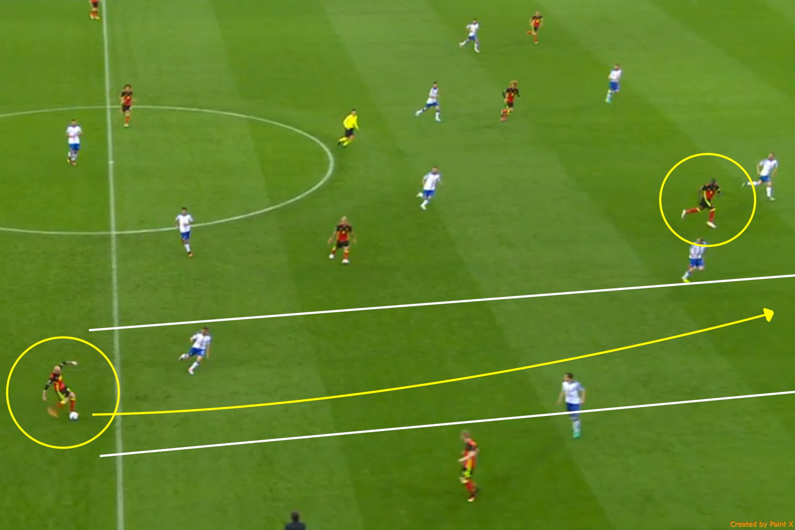 Ciman picks out Lukaku attacking the right channel, with the Italy wing-back engaged by De Bruyne.