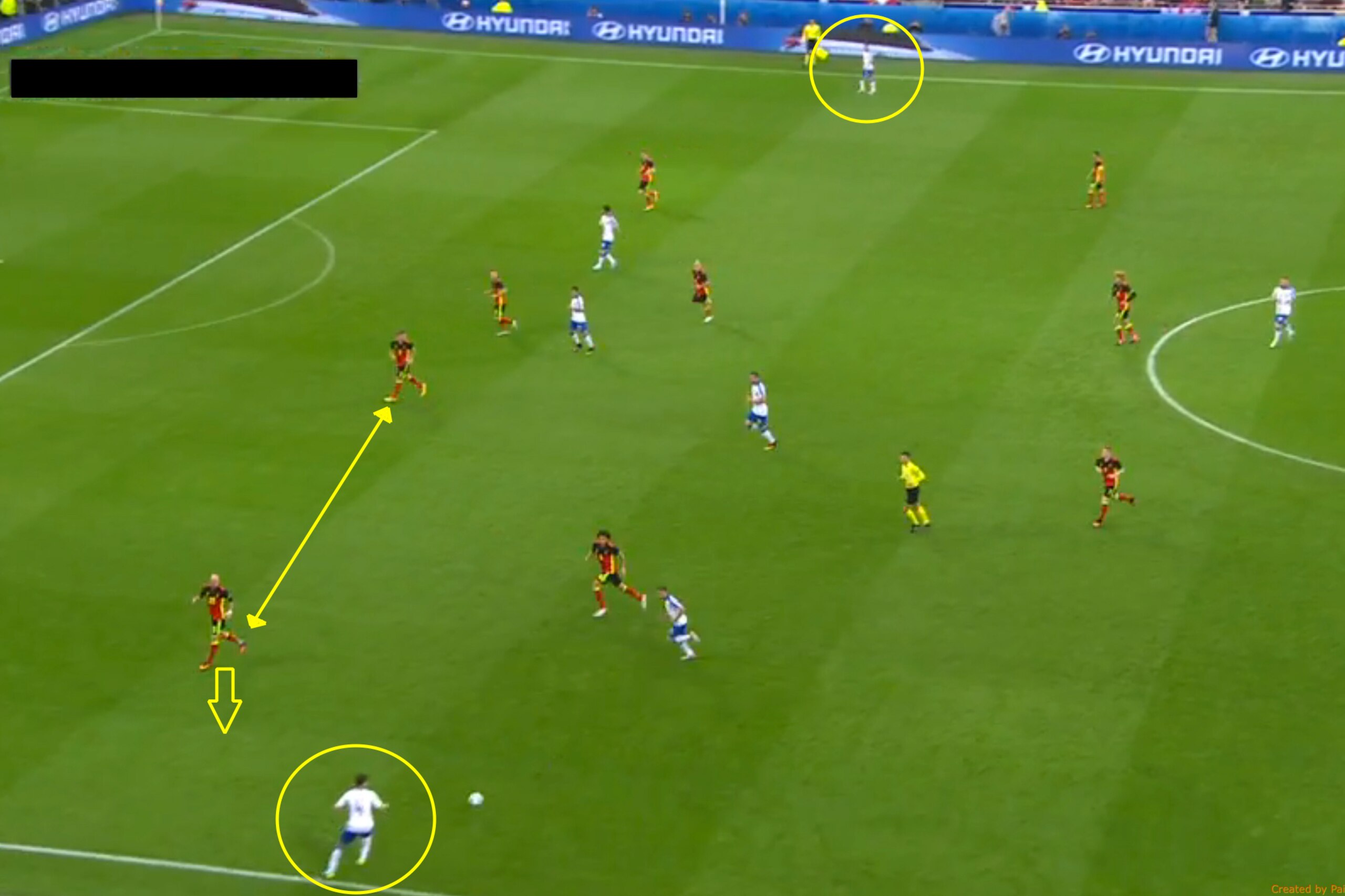 Italy's wing-backs stretch Belgium to attack the highlighted space between Belgium's full-back and centre-back. The attack resulted in a shot on goal.