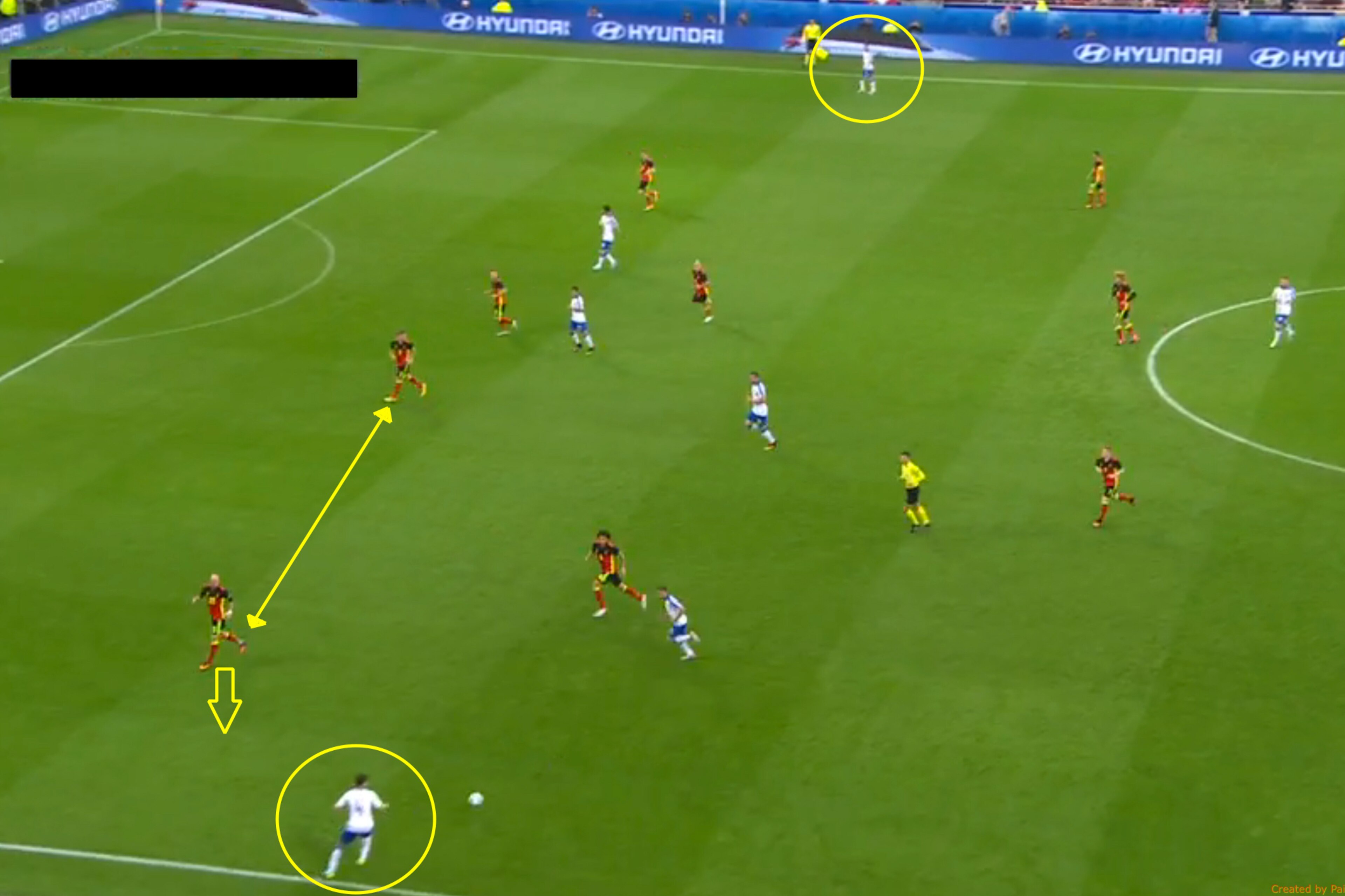 Italy's wing-backs stretch Belgium to attack the highlighted space between Belgium's full-back and centre-back. The attack resulted in a shot on goal.