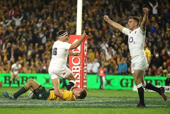 SYDNEY, AUSTRALIA - JUNE 25:  Jamie George (L) of England celebrates with team mate George Ford after scoring their fourth try during the International Test match between the Australian Wallabies and England at Allianz Stadium on June 25, 2016 in Sydney, 