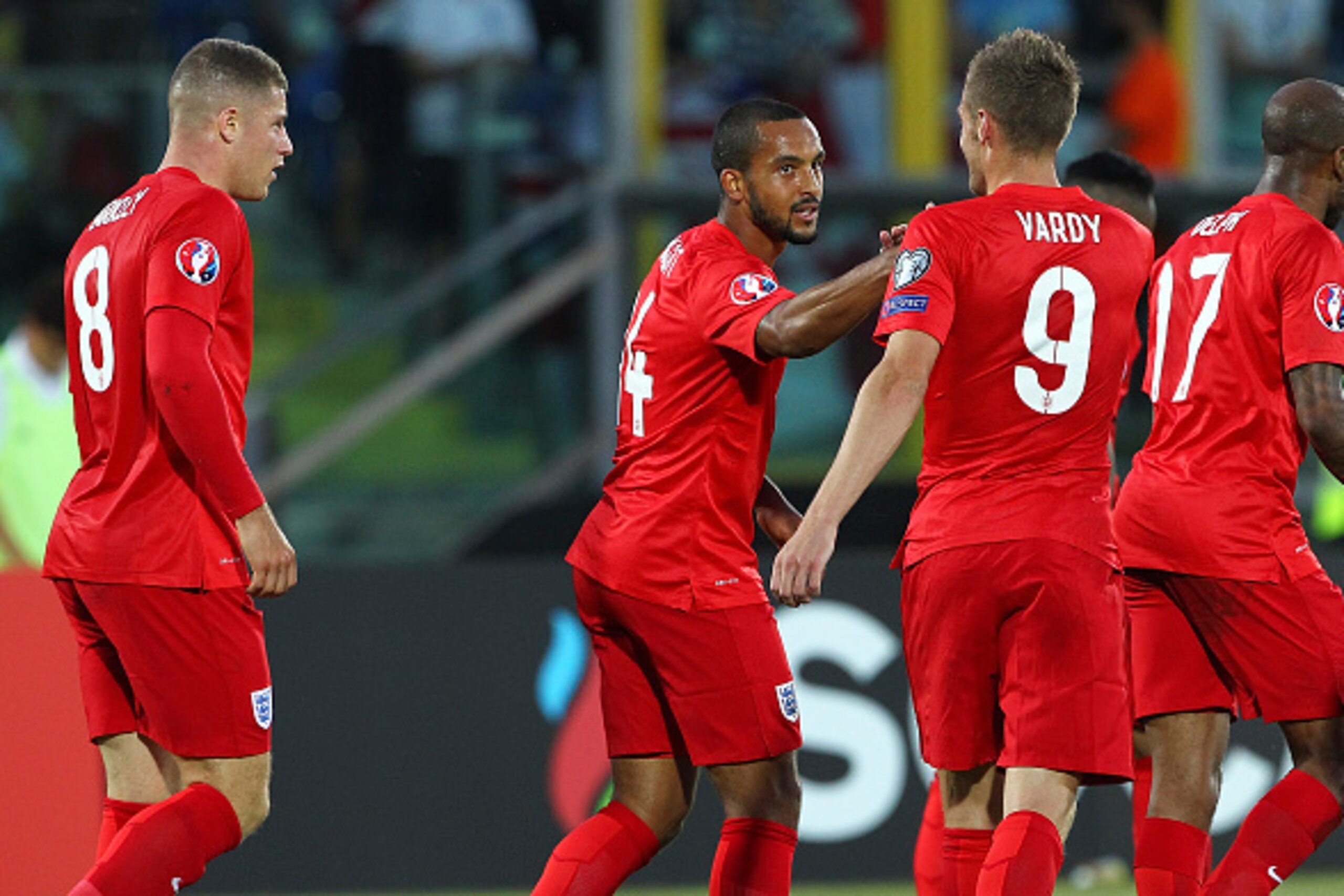 SAN MARINO, ITALY - SEPTEMBER 05:  Theo Walcott (C) of England celebrates his second goal with his team-mate Jamie Vardy #9 during the UEFA EURO 2016 Qualifier between San Marino and England at Stadio Olimpico on September 5, 2015 in San Marino, Italy.  (