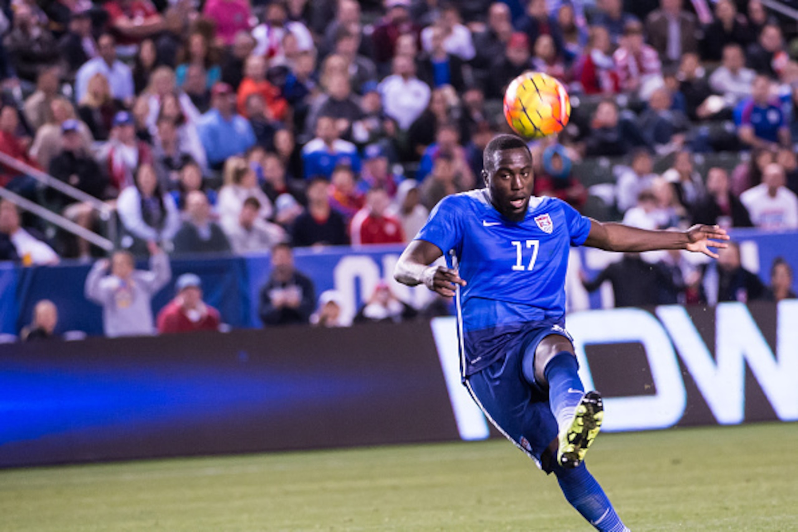 CARSON, CA - FEBRUARY 5: Jozy Altidore #17 of the United States takes a shot on goal during the International Soccer Friendly match between the United States and Canada at the StubHub Center on February 5, 2016 in Carson, California.  The United States wo