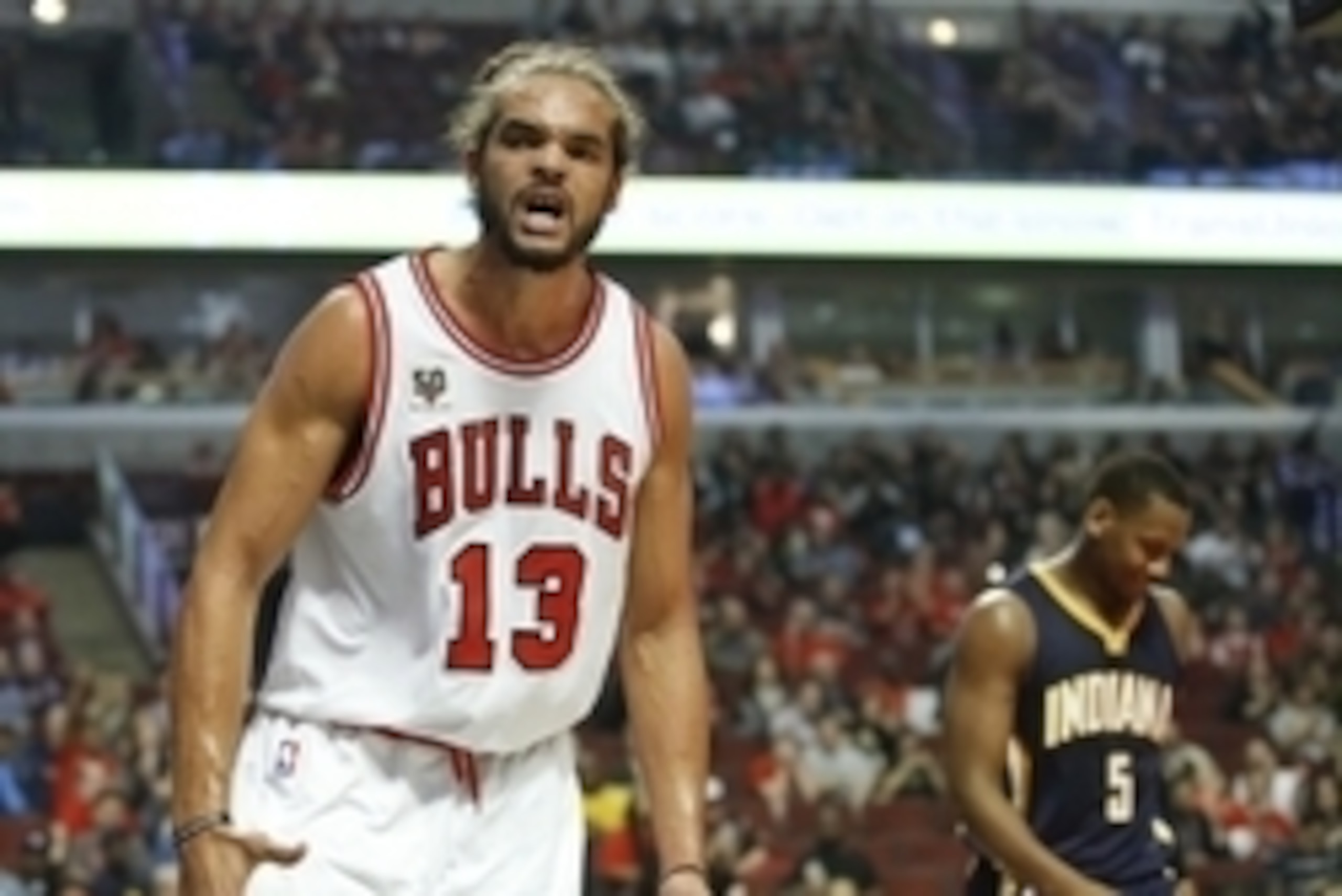 Oct 20, 2015; Chicago, IL, USA; Chicago Bulls center Joakim Noah (13) reacts after scoring against the Indiana Pacers during the first half of the NBA preseason game at United Center. Mandatory Credit: Kamil Krzaczynski-USA TODAY Sports Oct 20, 2015; Chicago, IL, USA; Chicago Bulls center Joakim Noah (13) reacts after scoring against the Indiana Pacers during the first half of the NBA preseason game at United Center. Mandatory Credit: Kamil Krzaczynski-USA TODAY Sports