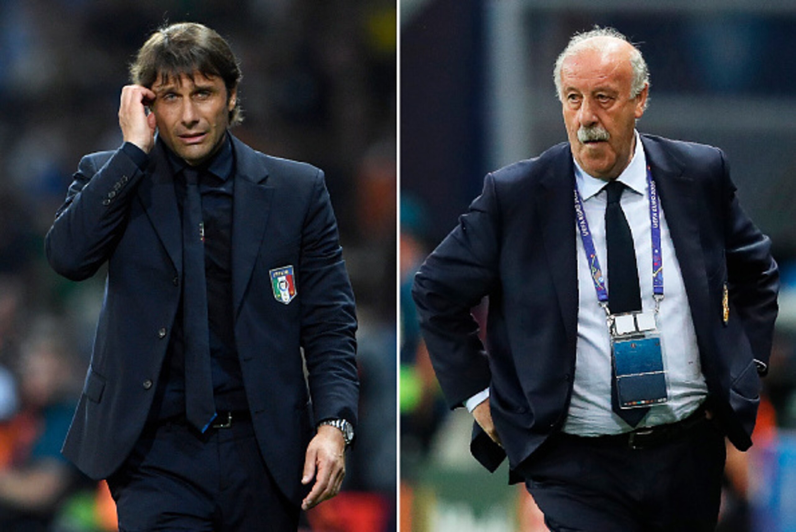 (COMBO) This combination of two file pictures created on June 24, 2016 shows Italy's coach Antonio Conte (L) in Villeneuve-d'Ascq on June 22, 2016, and Spain's coach Vicente Del Bosque in Nice on June 17, 2016.
Italy will face Spain in their Euro 2016 rou (COMBO) This combination of two file pictures created on June 24, 2016 shows Italy's coach Antonio Conte (L) in Villeneuve-d'Ascq on June 22, 2016, and Spain's coach Vicente Del Bosque in Nice on June 17, 2016.
Italy will face Spain in their Euro 2016 rou