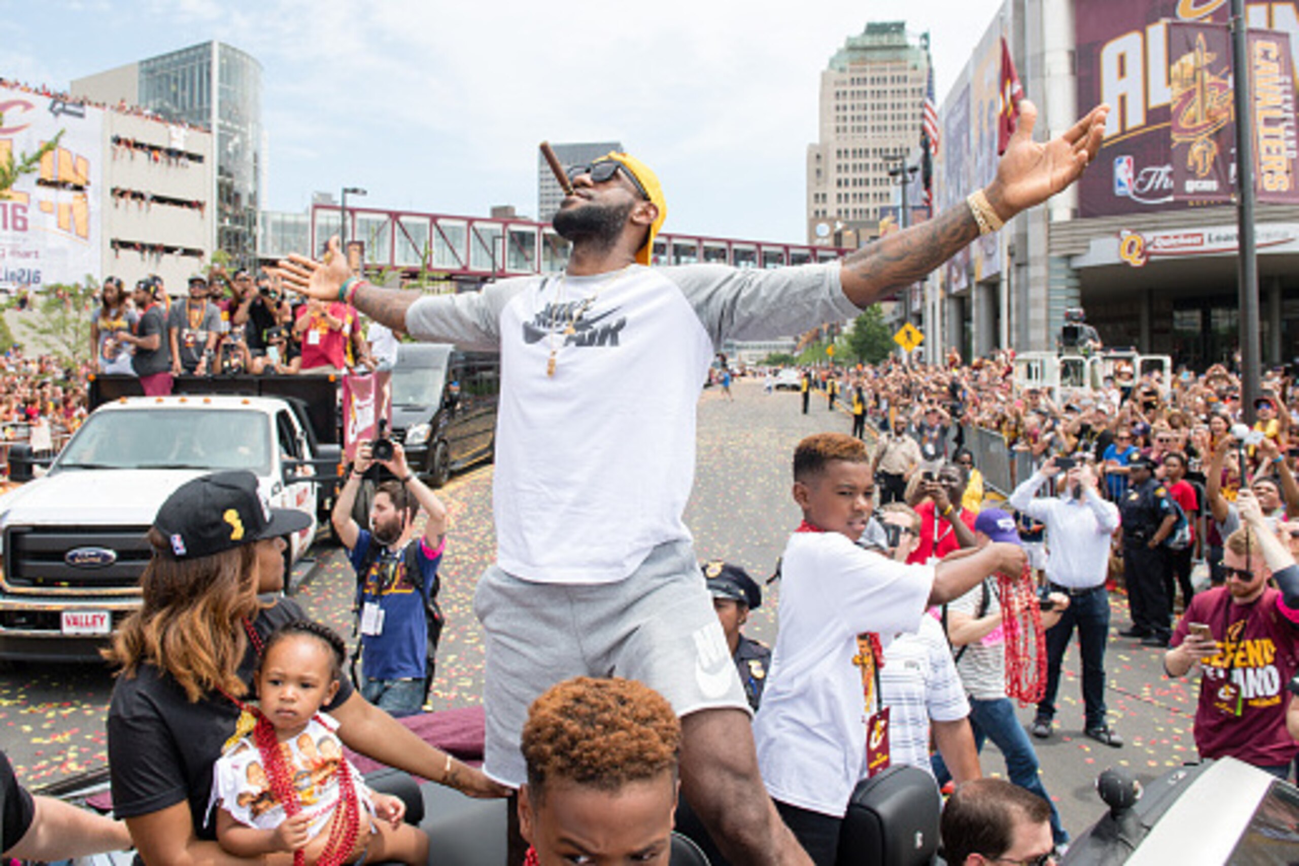 CLEVELAND, OH -  JUNE 22: LeBron James #23 of the Cleveland Cavaliers celebrates during the Cleveland Cavaliers 2016 championship victory parade and rally on June 22, 2016 in Cleveland, Ohio. (Photo by Jason Miller/Getty Images)