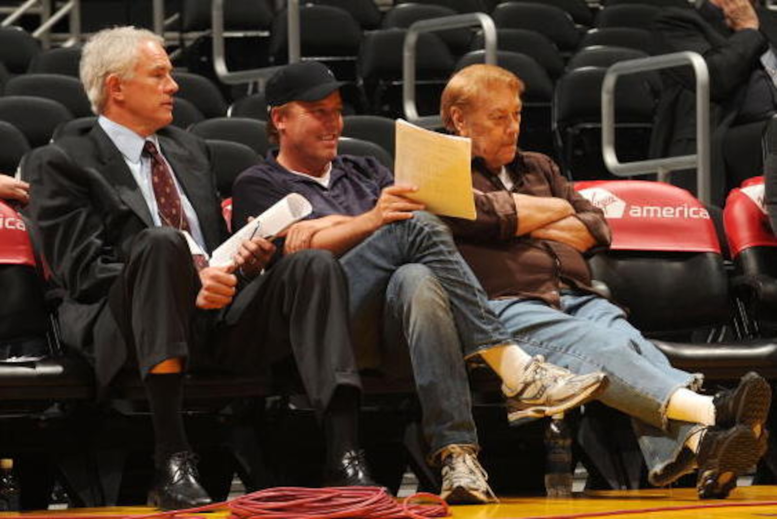 LOS ANGELES - APRIL 15:  Los Angeles Lakers general manager Mitch Kupchak, Jim Buss, and owner Jerry Buss watch the game between the Colorado 14ers against the Los Angeles D-Fenders at Staples Center on April 15, 2008 in Los Angeles, California.  NOTE TO 