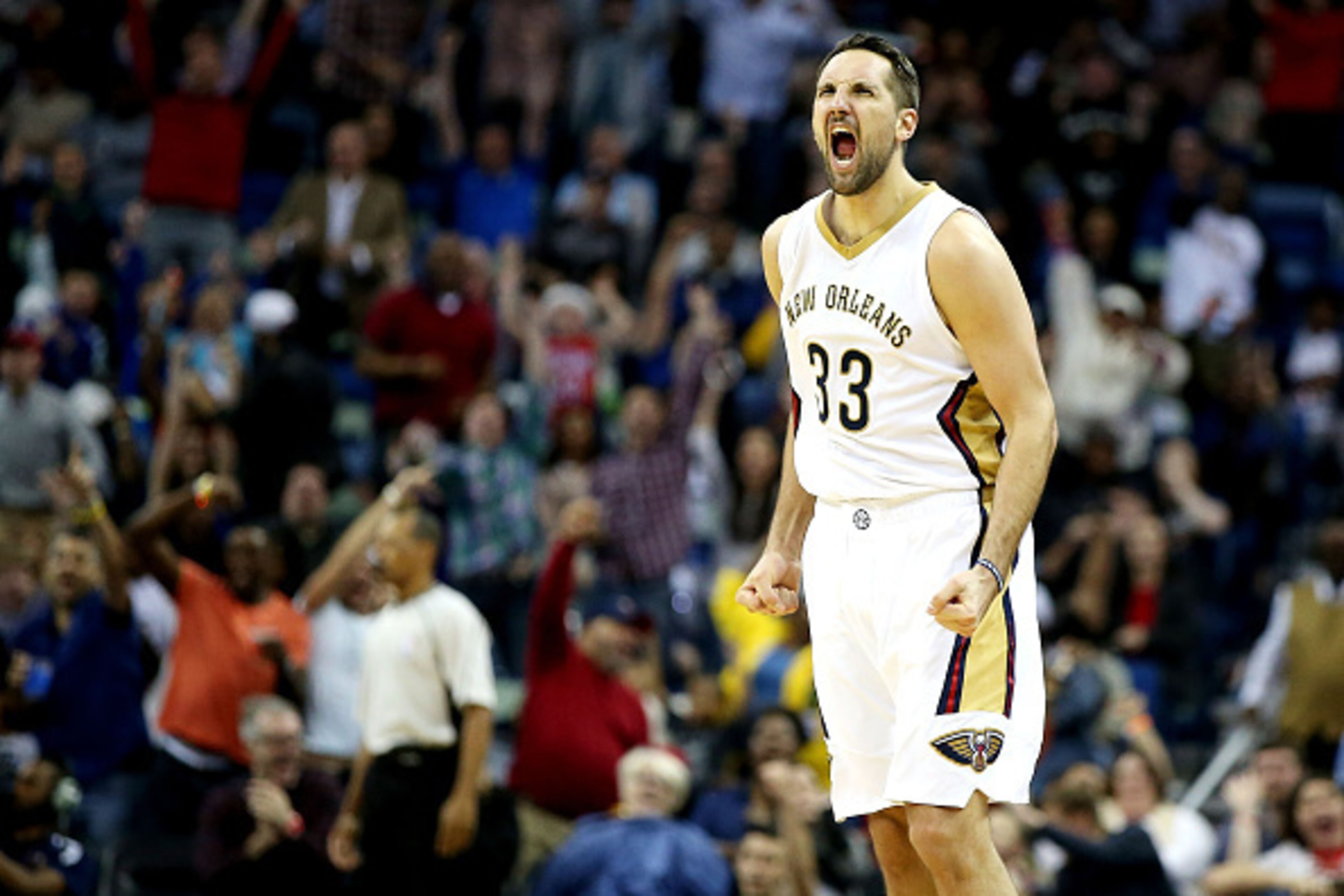 NEW ORLEANS, LA - MARCH 18:  Ryan Anderson #33 of the New Orleans Pelicans reacts after scoring a three pointer against the Portland Trail Blazers during the second half at the Smoothie King Center on March 18, 2016 in New Orleans, Louisiana. NOTE TO USER