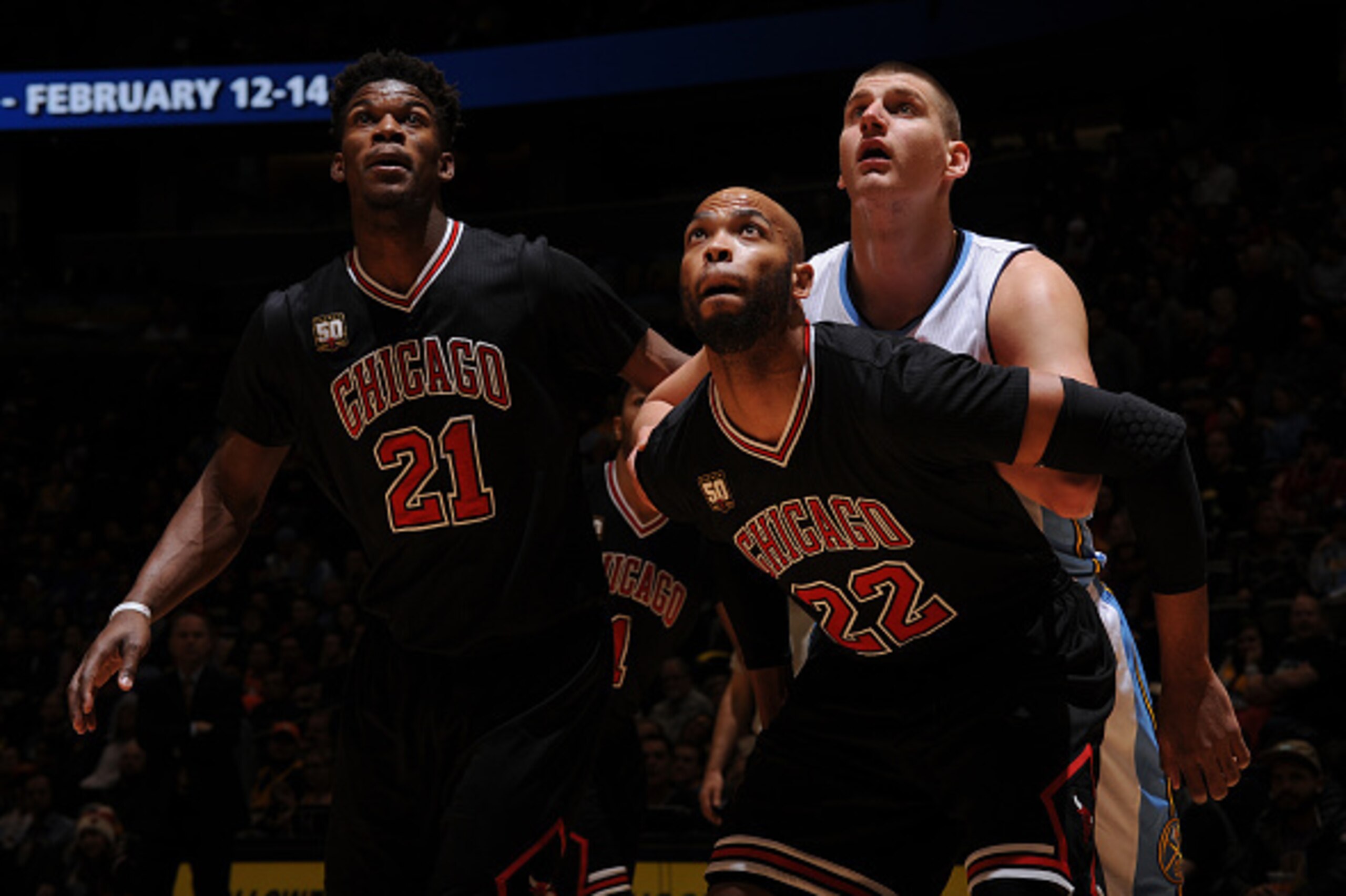 DENVER, CO - FEBRUARY 5:  Jimmy Butler #21 of the Chicago Bulls and Taj Gibson #22 of the Chicago Bulls during the game against the Denver Nuggets on February 5, 2016 at the Pepsi Center in Denver, Colorado. NOTE TO USER: User expressly acknowledges and a