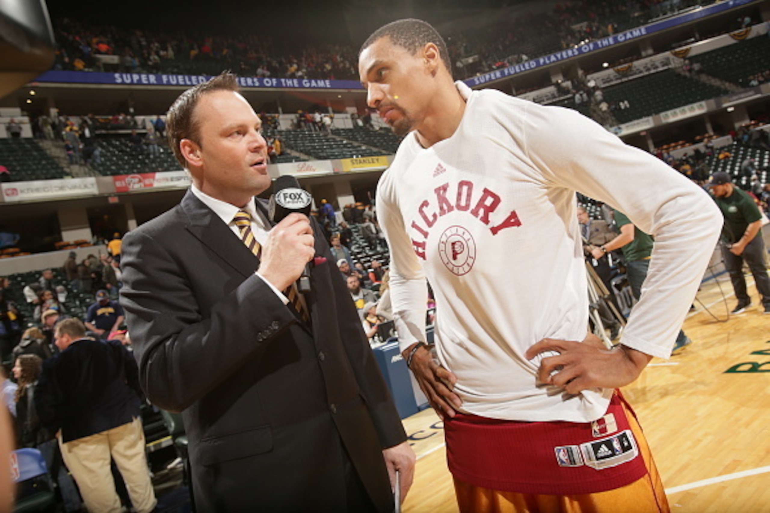 INDIANAPOLIS, IN  - APRIL 10: George Hill #3 of the Indiana Pacers speaks with press after the game against the Brooklyn Nets during the game on April 10, 2016 at Bankers Life Fieldhouse in Indianpolis, Indiana. NOTE TO USER: User expressly acknowledges a