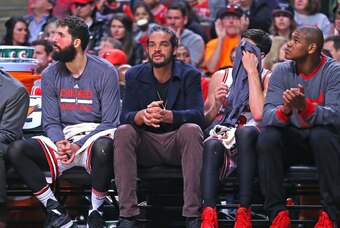 Mar 11, 2016; Chicago, IL, USA; Chicago Bulls center Joakim Noah (13) on the bench during the first half against the Miami Heat at the United Center. Mandatory Credit: Dennis Wierzbicki-USA TODAY Sports