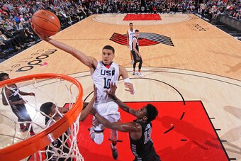 PORTLAND, OR - APRIL 9:  Jayson Tatum #10 of the USA Junior Select Team drives to the basket against the World Select Team during the 2016 Nike Hoop Summit on April 9, 2016 at the MODA Center Arena in Portland, Oregon. NOTE TO USER: User expressly acknowl