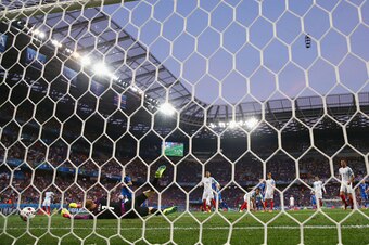 NICE, FRANCE - JUNE 27:  Joe Hart of England dives in vain as Kolbeinn Sigthorsson of Iceland scores his team's second goal during the UEFA EURO 2016 round of 16 match between England and Iceland at Allianz Riviera Stadium on June 27, 2016 in Nice, France