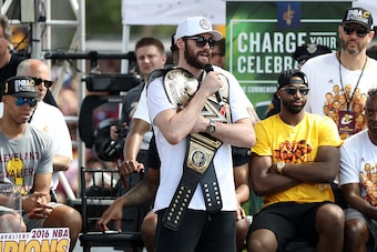 CLEVELAND, OH - JUNE 22: Kevin Love #0 of the Cleveland Cavaliers speaks onstage during the Cleveland Cavaliers 2016 NBA Championship victory parade and rally on June 22, 2016 in Cleveland, Ohio.  (Photo by Mike Lawrie/Getty Images)