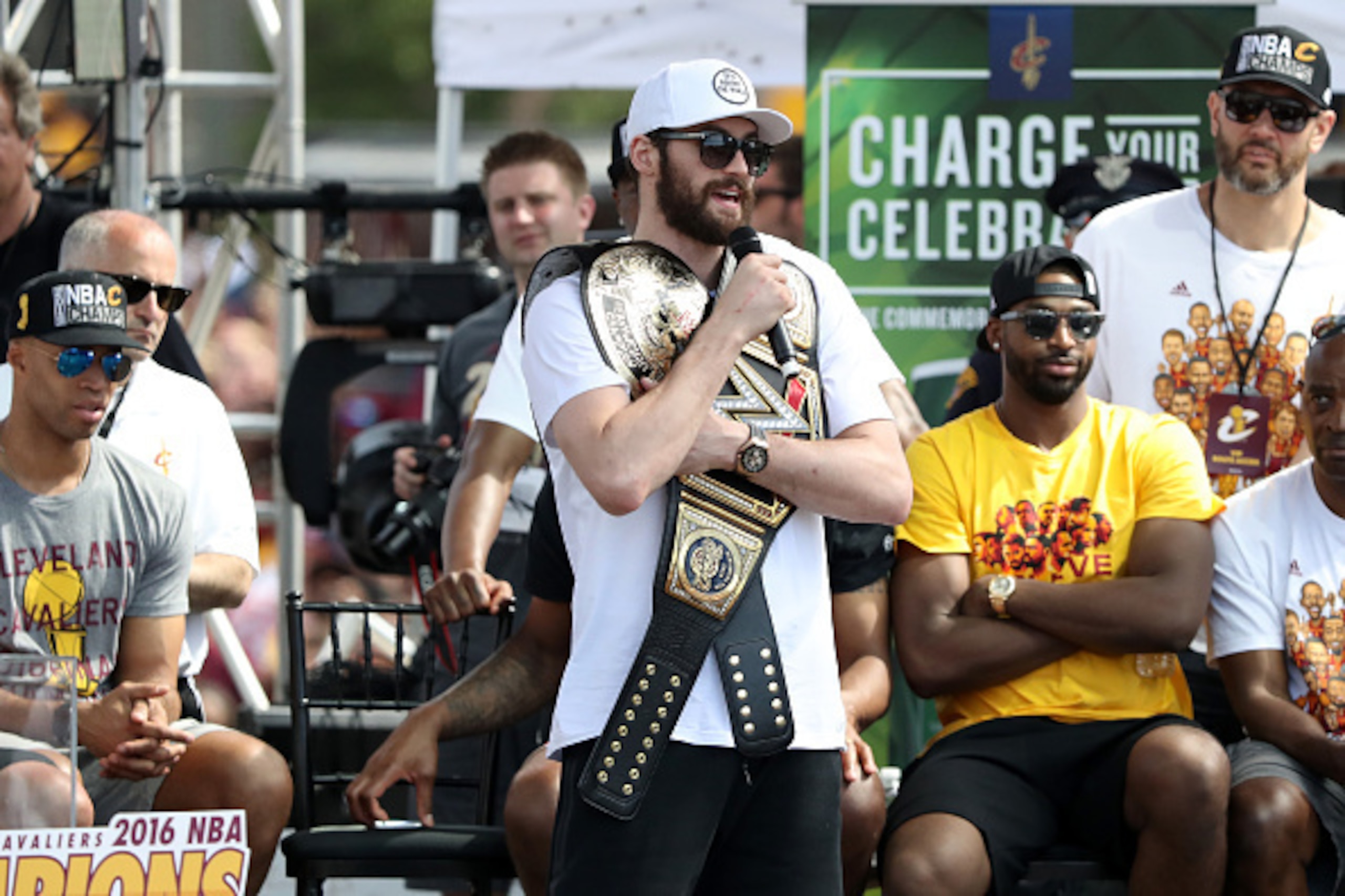 CLEVELAND, OH - JUNE 22: Kevin Love #0 of the Cleveland Cavaliers speaks onstage during the Cleveland Cavaliers 2016 NBA Championship victory parade and rally on June 22, 2016 in Cleveland, Ohio. (Photo by Mike Lawrie/Getty Images) CLEVELAND, OH - JUNE 22: Kevin Love #0 of the Cleveland Cavaliers speaks onstage during the Cleveland Cavaliers 2016 NBA Championship victory parade and rally on June 22, 2016 in Cleveland, Ohio. (Photo by Mike Lawrie/Getty Images)