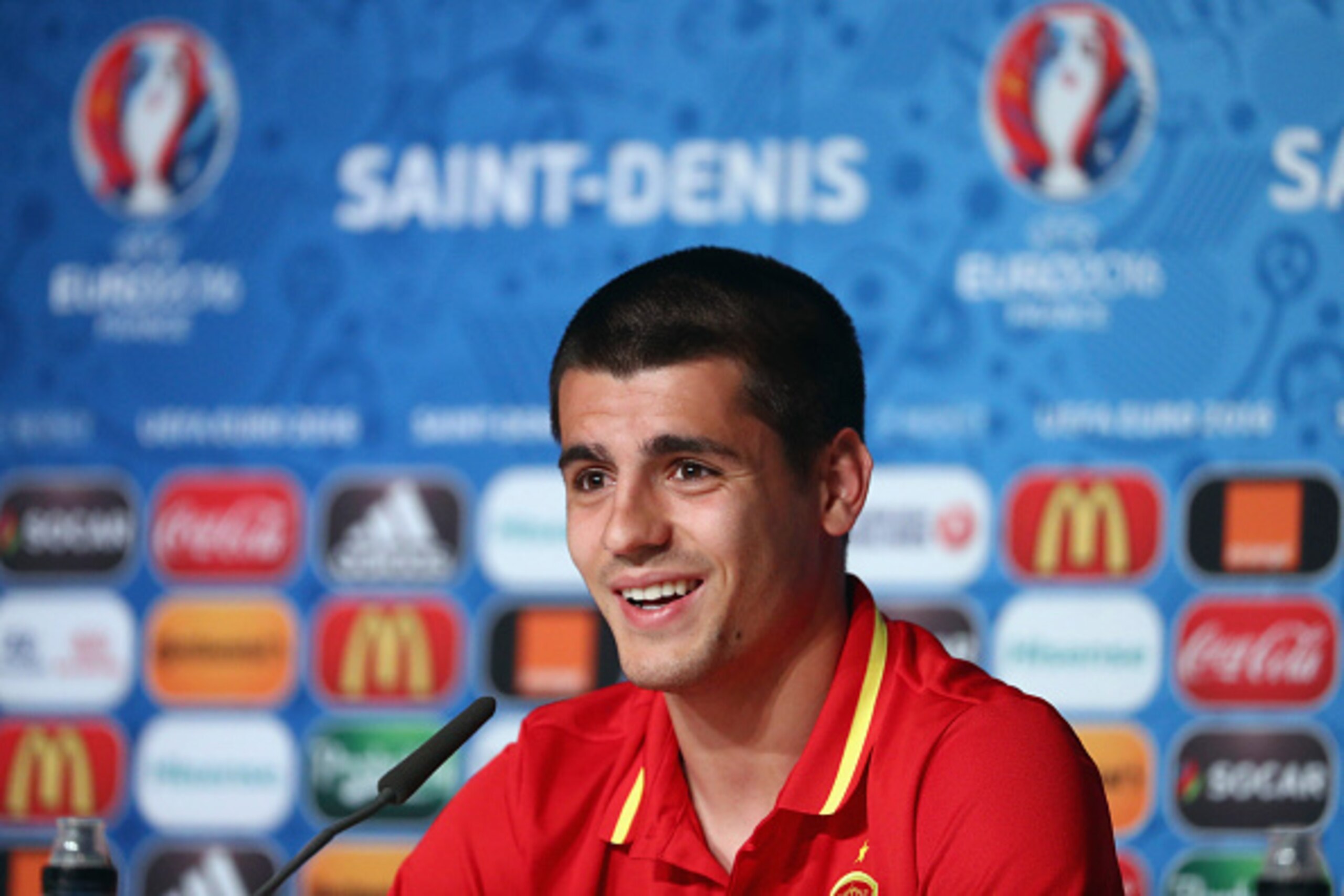 PARIS, FRANCE - JUNE 26:  In this handout image provided by UEFA Alvaro Morata of Spain attends a press conference at Stade de France on June 26, 2016 in Paris, France. (Photo by Handout/UEFA via Getty Images)