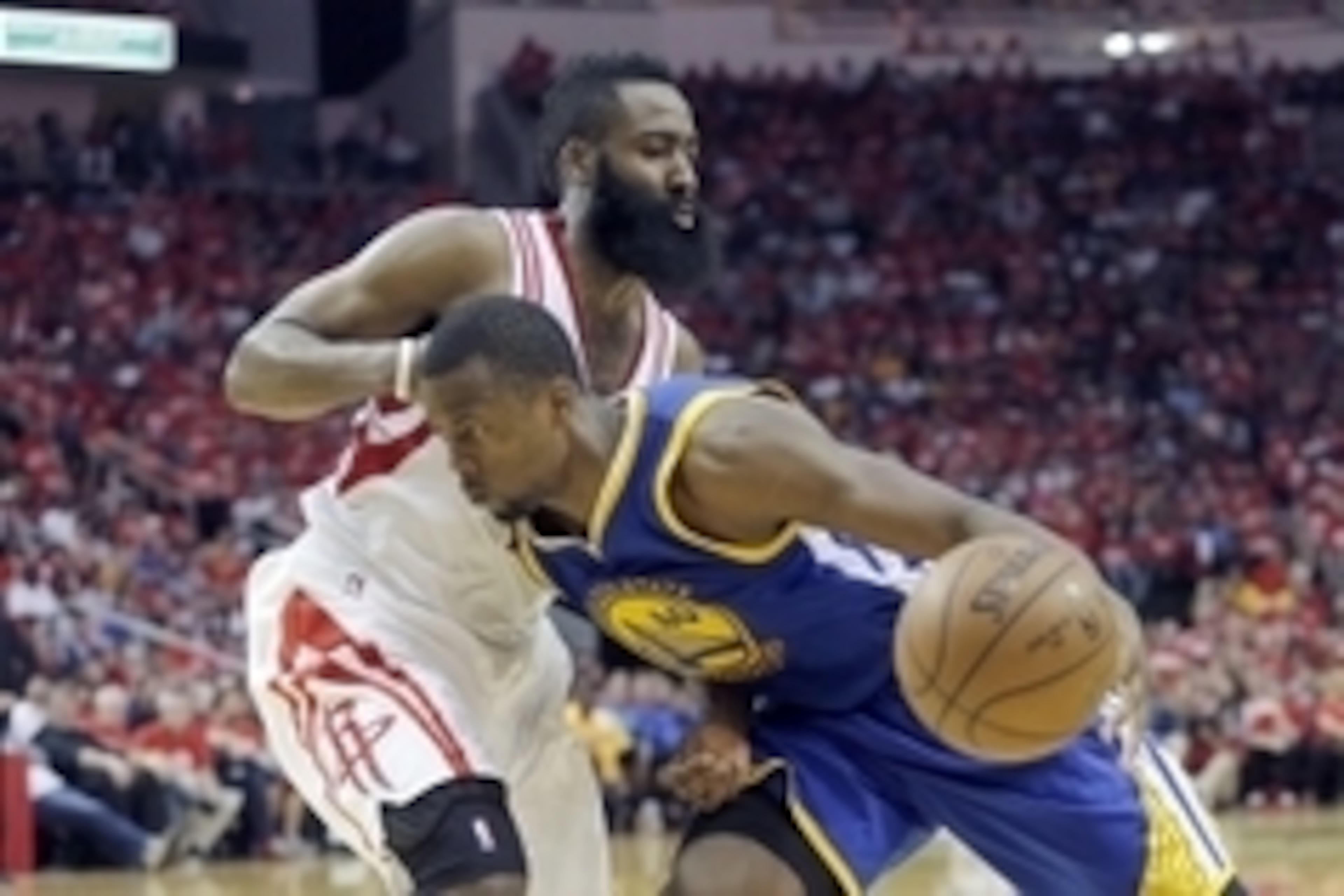Apr 24, 2016; Houston, TX, USA; Golden State Warriors forward Harrison Barnes (40) drives against Houston Rockets center Dwight Howard (12) in the second half in game four of the first round of the NBA Playoffs at Toyota Center. Golden State Warriors won 
