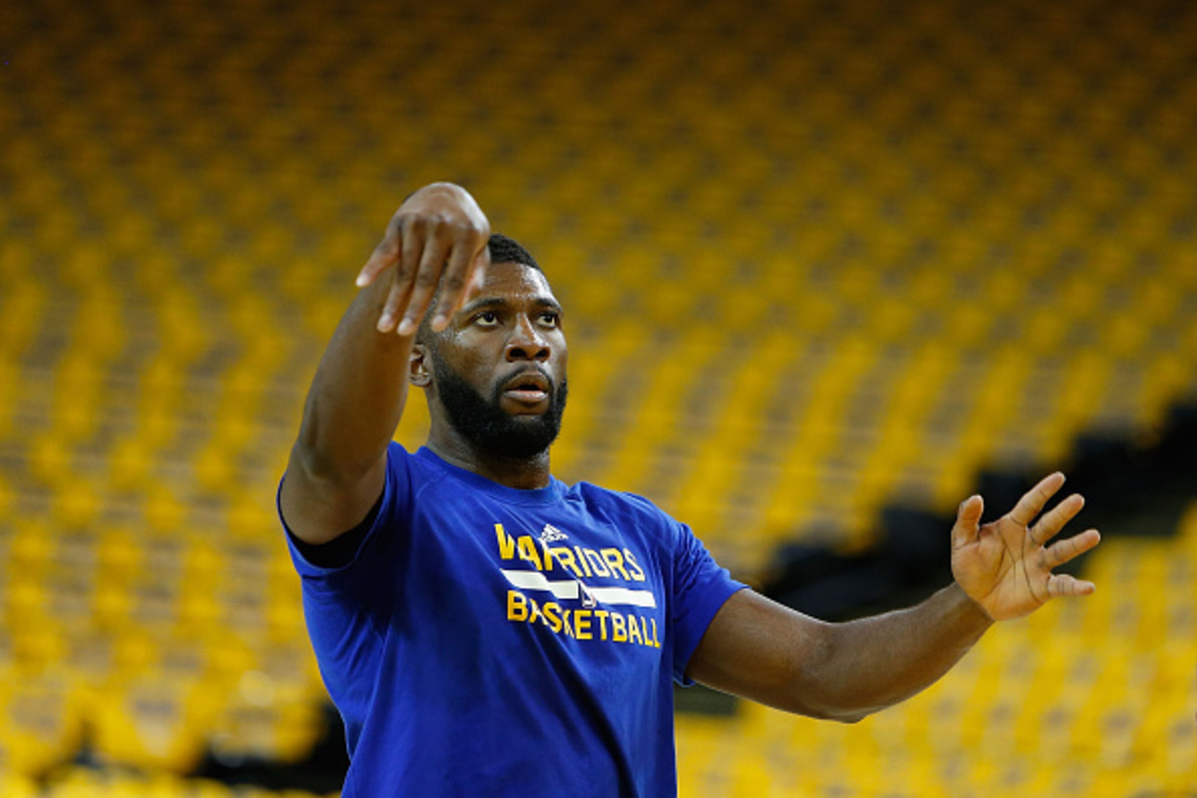 OAKLAND, CA - APRIL 18: Festus Ezeli #31 of the Golden State Warriors warms up before Game Two of the Western Conference Quarterfinals during the 2016 NBA Playoffs at ORACLE Arena on April 18, 2016 in Oakland, California. NOTE TO USER: User expressly ackn