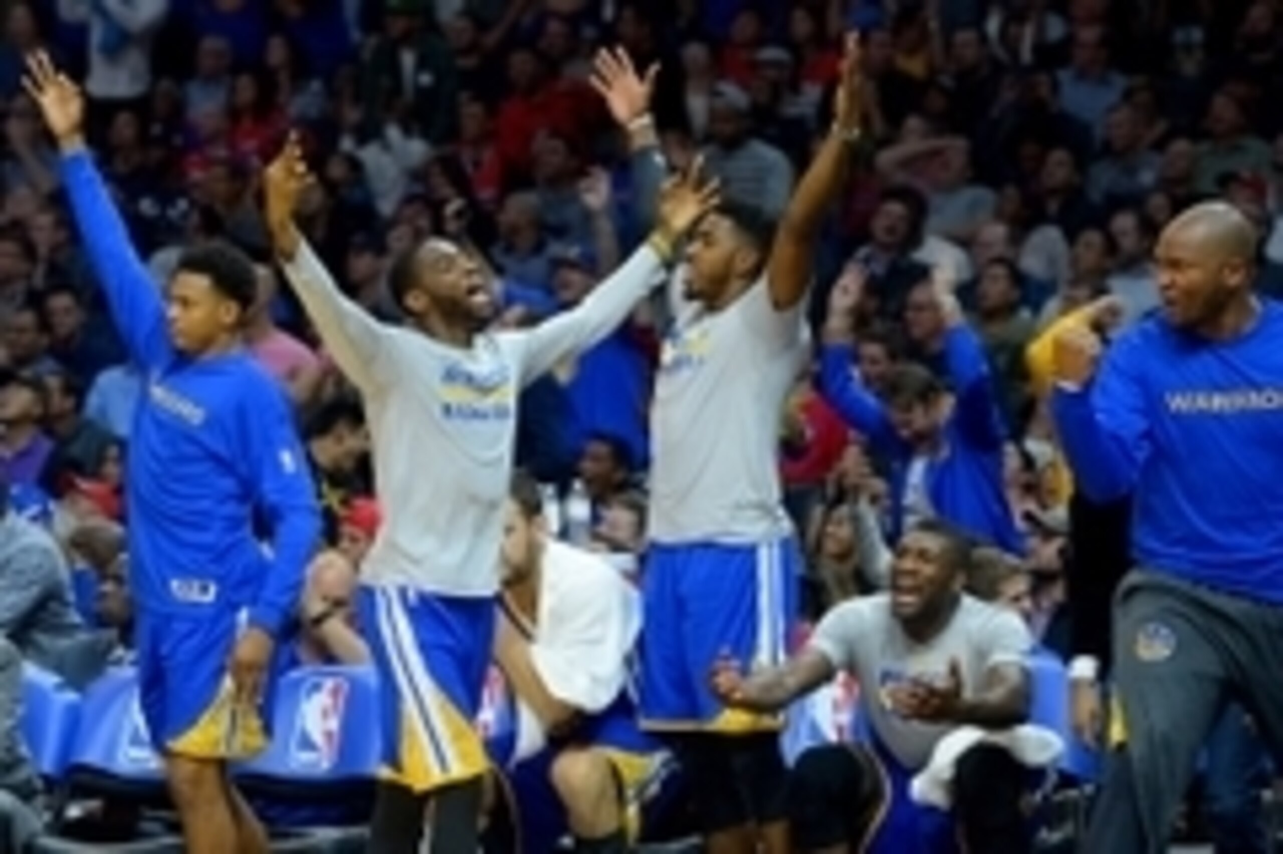 Nov 19, 2015; Los Angeles, CA, USA; The Golden State Warriors bench reacts to a basket in the second half of the game against the Los Angeles Clippers at Staples Center. The Warriors won 124-117. Mandatory Credit: Jayne Kamin-Oncea-USA TODAY Sports Nov 19, 2015; Los Angeles, CA, USA; The Golden State Warriors bench reacts to a basket in the second half of the game against the Los Angeles Clippers at Staples Center. The Warriors won 124-117. Mandatory Credit: Jayne Kamin-Oncea-USA TODAY Sports