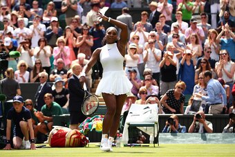 LONDON, ENGLAND - JUNE 28:  Serena Williams of The United States celebrates victory following the Ladies Singles first round match against Amra Sadikovic of Switzerland on day two of the Wimbledon Lawn Tennis Championships at the All England Lawn Tennis a