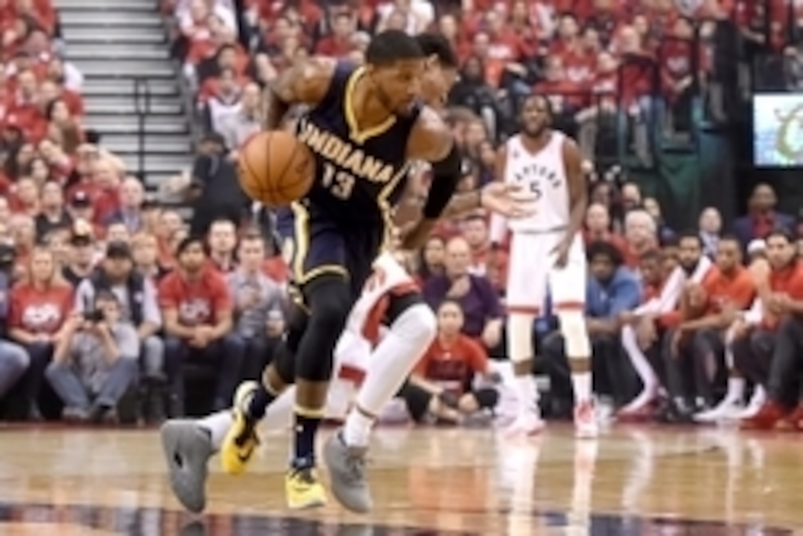 May 1, 2016; Toronto, Ontario, CAN;  Indiana Pacers forward Paul George (13) steals the ball from Toronto Raptors in game seven of the first round of the 2016 NBA Playoffs at Air Canada Centre. Mandatory Credit: Dan Hamilton-USA TODAY Sports