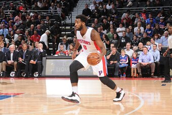 AUBURN HILLS, MI - JANUARY 12:  Andre Drummond #0 of the Detroit Pistons handles the ball against the San Antonio Spurs on January 12, 2016 at The Palace of Auburn Hills in Auburn Hills, Michigan. NOTE TO USER: User expressly acknowledges and agrees that,