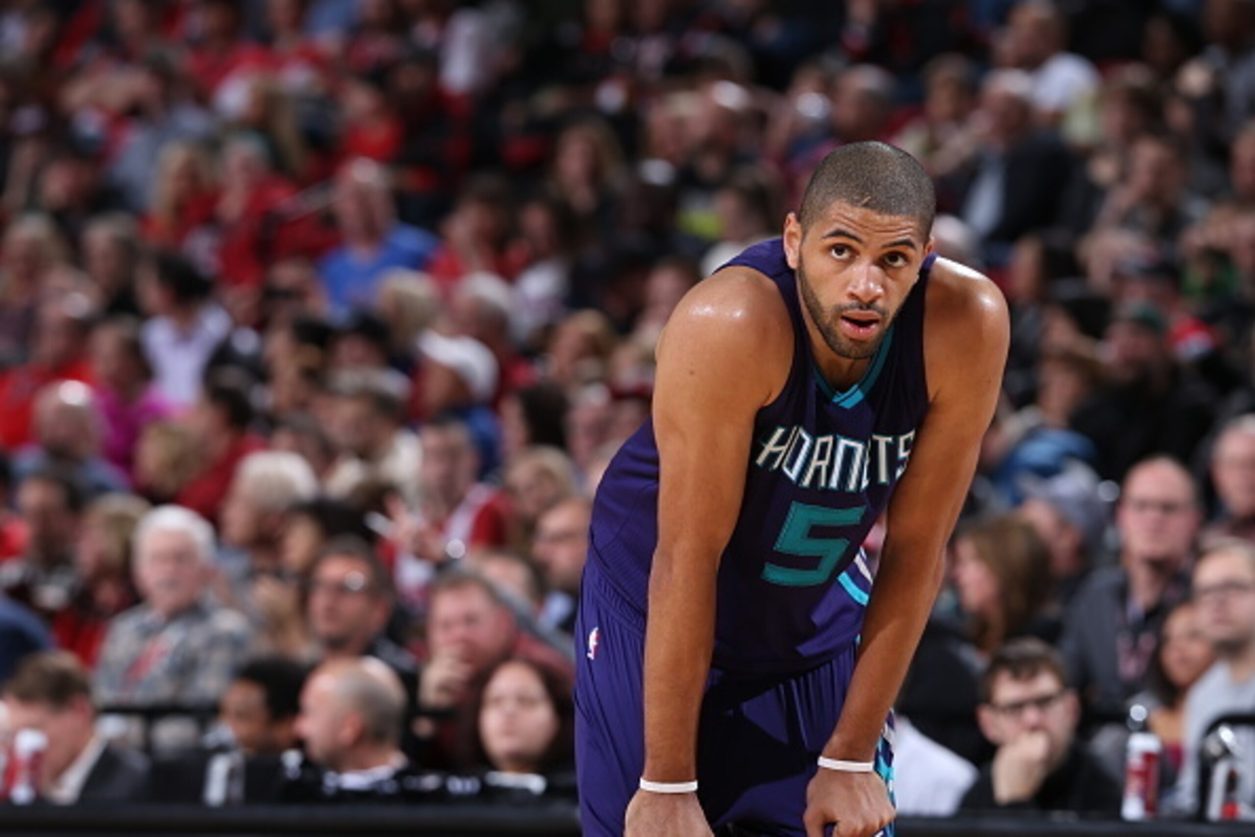 PORTLAND, OR - JANUARY 29: Nicolas Batum #5 of the Charlotte Hornets during the game against the Portland Trail Blazers on January 29, 2016 at Moda Center in Portland, Michigan. NOTE TO USER: User expressly acknowledges and agrees that, by downloading and PORTLAND, OR - JANUARY 29: Nicolas Batum #5 of the Charlotte Hornets during the game against the Portland Trail Blazers on January 29, 2016 at Moda Center in Portland, Michigan. NOTE TO USER: User expressly acknowledges and agrees that, by downloading and