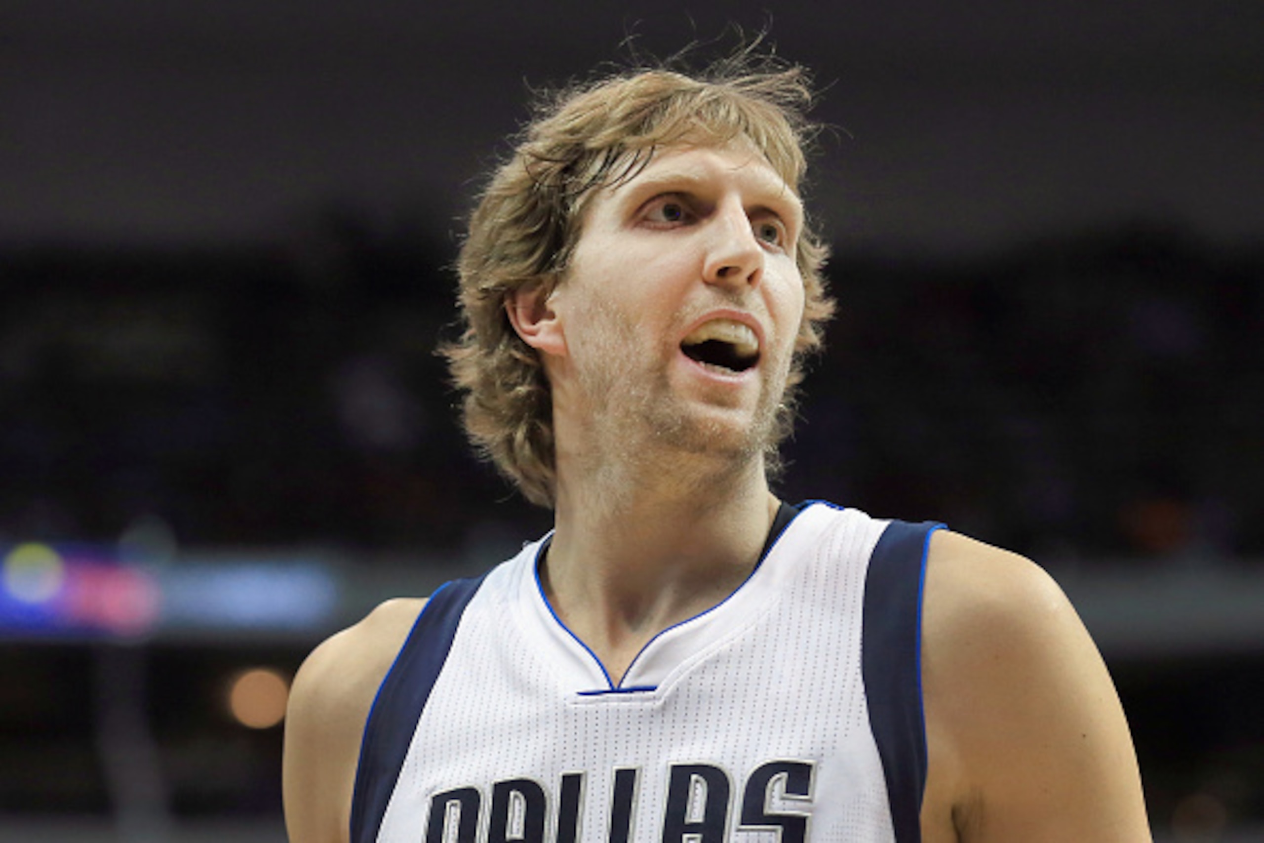 DALLAS, TX - JANUARY 29: Dirk Nowitzki #41 of the Dallas Mavericks reacts against the Brooklyn Nets in the first half at American Airlines Center on January 29, 2016 in Dallas, Texas. NOTE TO USER: User expressly acknowledges and agrees that, by download DALLAS, TX - JANUARY 29: Dirk Nowitzki #41 of the Dallas Mavericks reacts against the Brooklyn Nets in the first half at American Airlines Center on January 29, 2016 in Dallas, Texas. NOTE TO USER: User expressly acknowledges and agrees that, by download