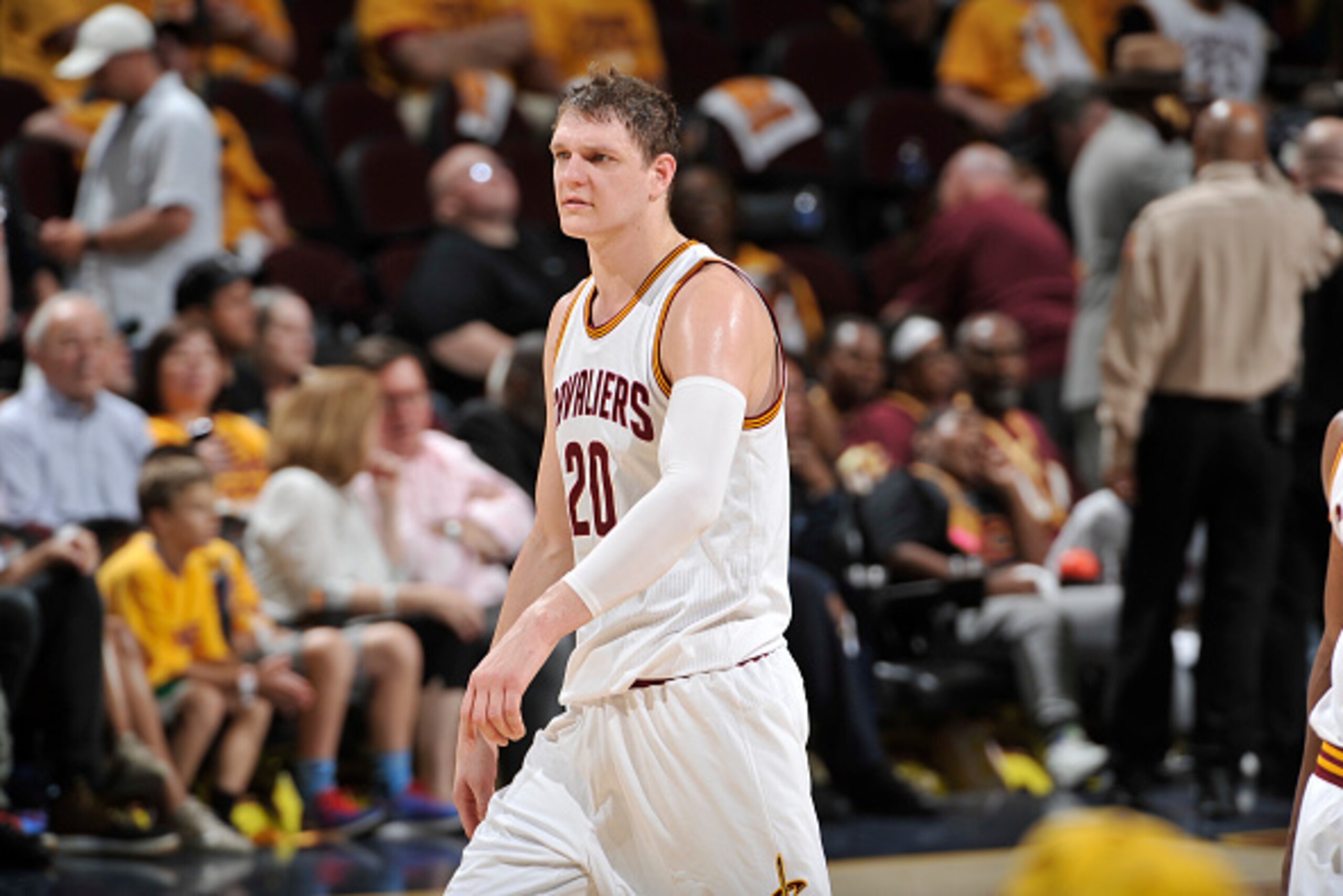 CLEVELAND, OH - MAY 25: Timofey Mozgov #20 of the Cleveland Cavaliers is seen during the game against the Toronto Raptors in Game Five of the Eastern Confernce Finals of the 2016 NBA Playoffs on May 25, 2016 at The Quicken Loans Arena in Cleveland, Ohio. CLEVELAND, OH - MAY 25: Timofey Mozgov #20 of the Cleveland Cavaliers is seen during the game against the Toronto Raptors in Game Five of the Eastern Confernce Finals of the 2016 NBA Playoffs on May 25, 2016 at The Quicken Loans Arena in Cleveland, Ohio.