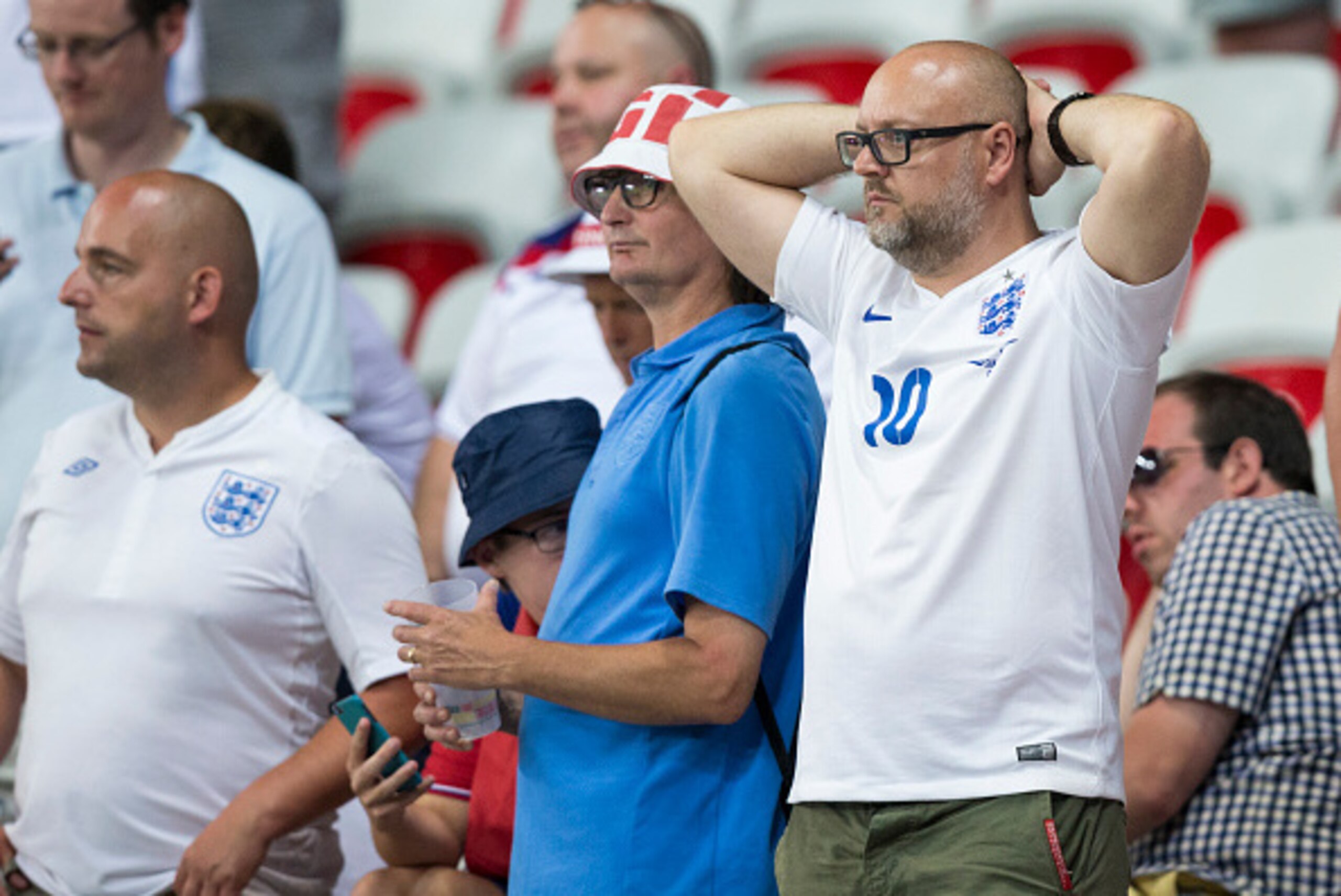 NICE, FRANCE - JUNE 25:  Dejection for England fans at full time during the UEFA Euro 2016 Round of 16 match between England and Iceland at Allianz Riviera Stadium on June 27 in Nice, France.  (Photo by Craig Mercer/CameraSport via Getty Images)