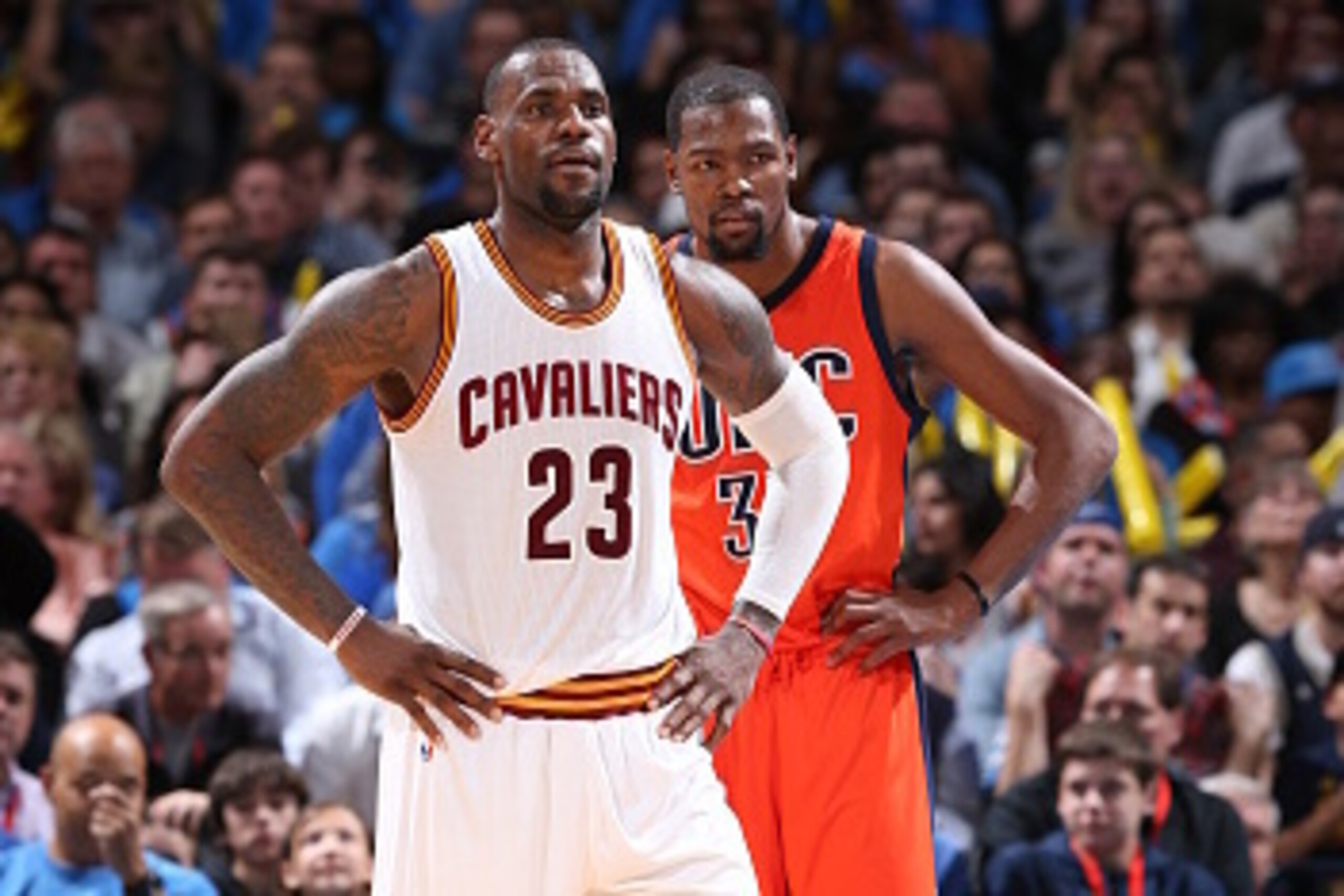 OKLAHOMA CITY, OK- FEBRUARY 21:  LeBron James #23 of the Cleveland Cavaliers and Kevin Durant #35 of the Oklahoma City Thunder stand on the court on February 21, 2016 at Chesapeake Energy Arena in Oklahoma City, Oklahoma. NOTE TO USER: User expressly ackn