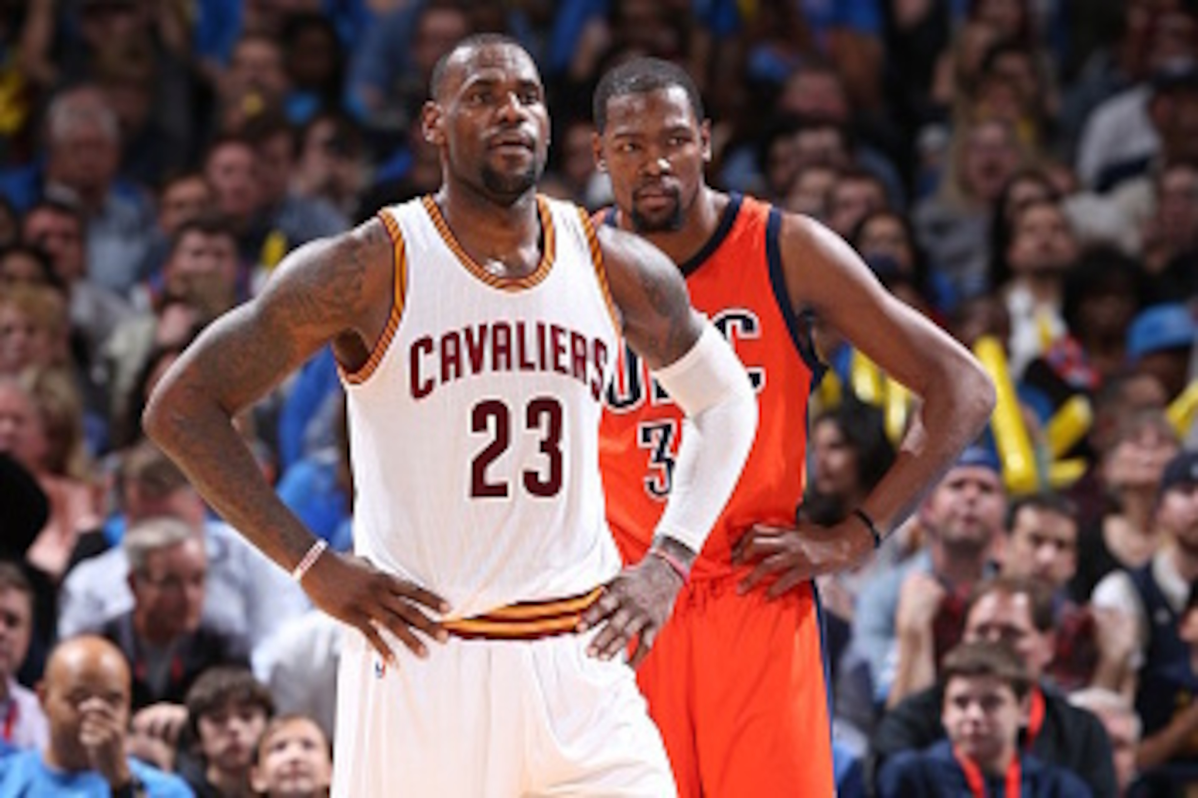 OKLAHOMA CITY, OK- FEBRUARY 21:  LeBron James #23 of the Cleveland Cavaliers and Kevin Durant #35 of the Oklahoma City Thunder stand on the court on February 21, 2016 at Chesapeake Energy Arena in Oklahoma City, Oklahoma. NOTE TO USER: User expressly ackn