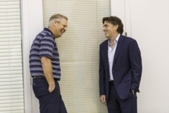 Sep 25, 2015; Waltham, MA, USA; Boston Celtics GM Danny Ainge (left) and co-owner Wyc Grousbeck, during media day at the Boston Celtic Practice Facility. Mandatory Credit: David Butler II-USA TODAY Sports