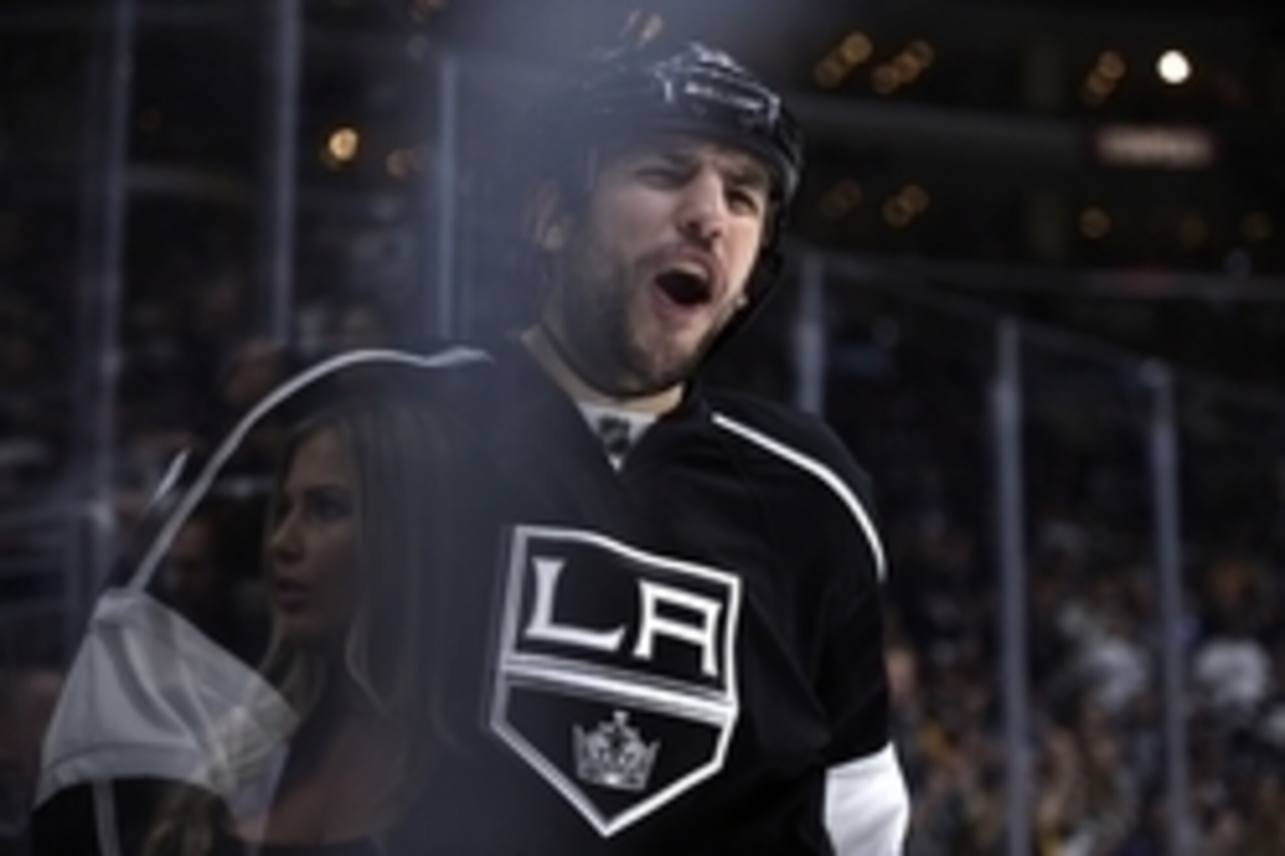 Apr 16, 2016; Los Angeles, CA, USA; Los Angeles Kings left wing Milan Lucic (17) reacts against the San Jose Sharks during the second period in game two of the first round of the 2016 Stanley Cup Playoffs at Staples Center. Mandatory Credit: Kelvin Kuo-US