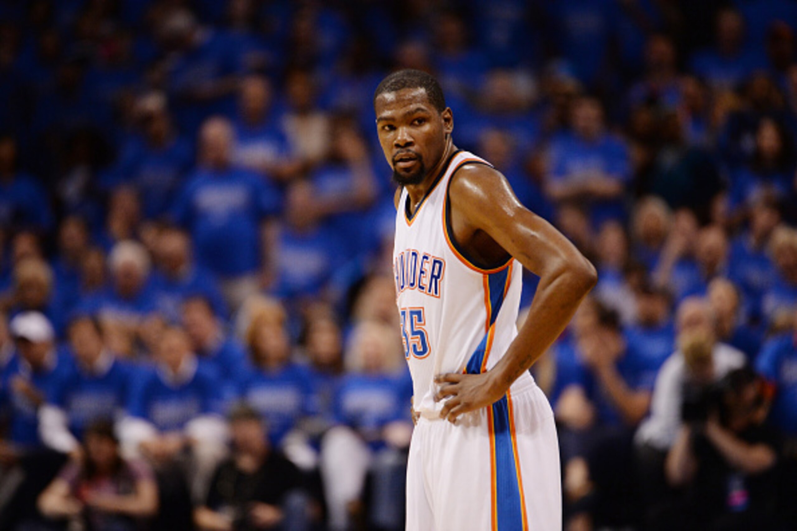 OKLAHOMA CITY, OK- MAY 28:  Kevin Durant #35 of the Oklahoma City Thunder stands on the court during the game against the Golden State Warriors in Game Six of the Western Conference Finals during the 2016 NBA Playoffs on May 28, 2016 at Chesapeake Energy 